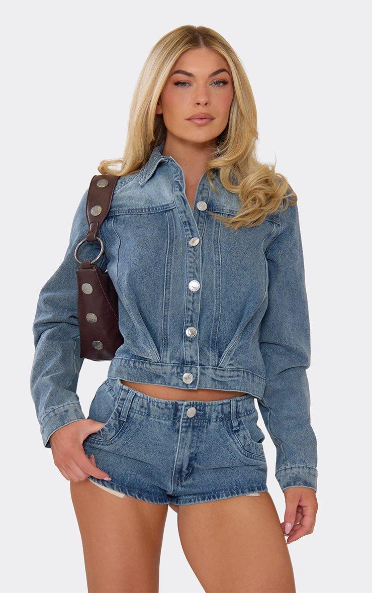 Short Sleeve Zip Front Stitch Detail Top In Indigo Blue Denim