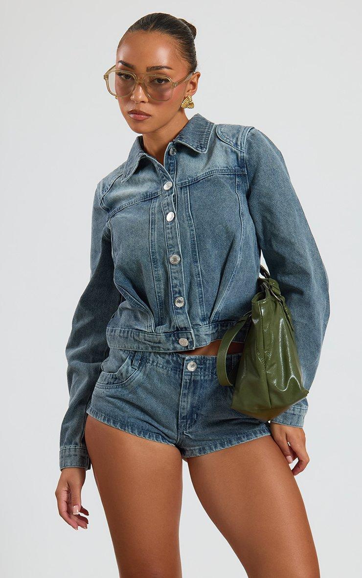 Low Rise Mini Shorts In Blue Wash Denim.