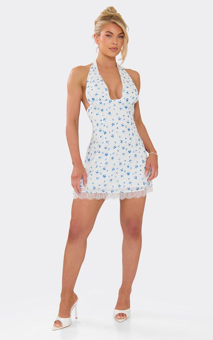 slim fit dress slacks White and Baby Blue Floral Lace Trim Maxi Dress main image 0