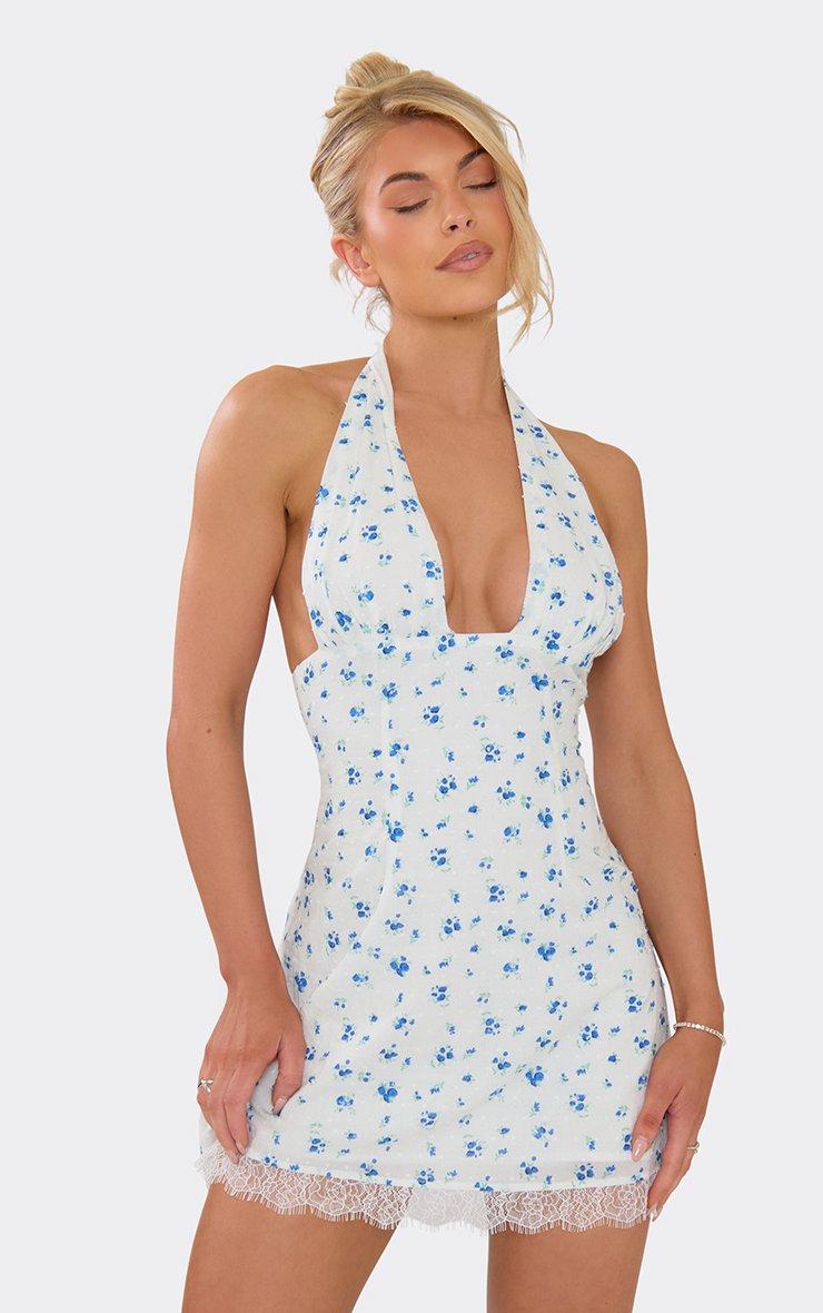 cut out blue mini dress Shiara Cut-Out Waist Mini Dress Floral Blue/Yellow main image 0