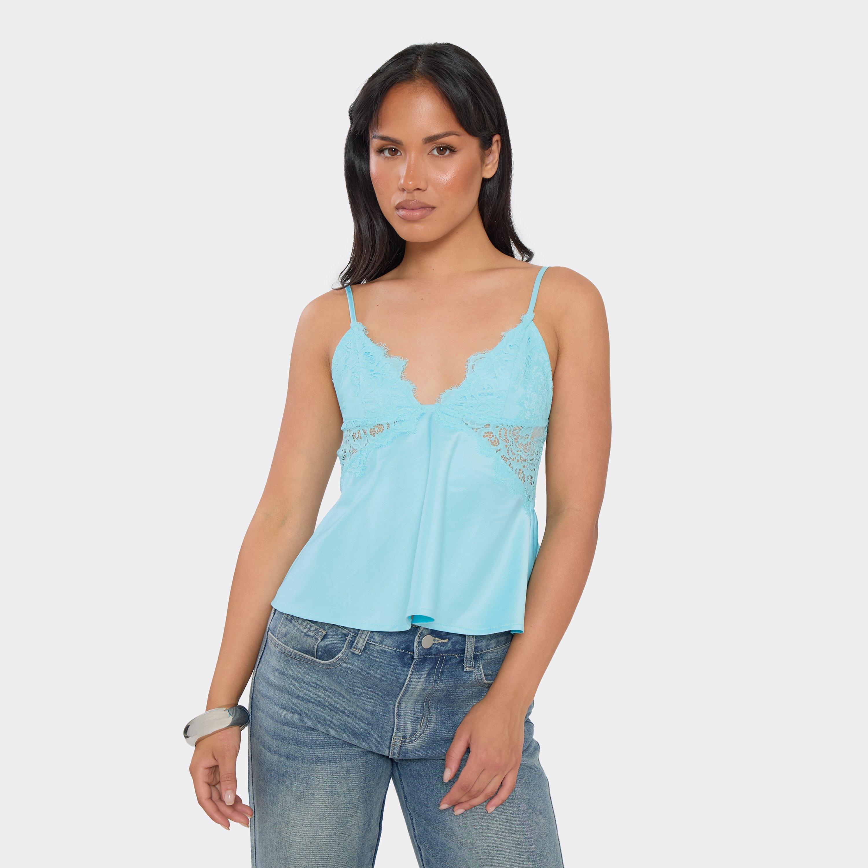 Strappy Lace Detail Cami Top In Aqua Blue Satin, Women's Size UK 14