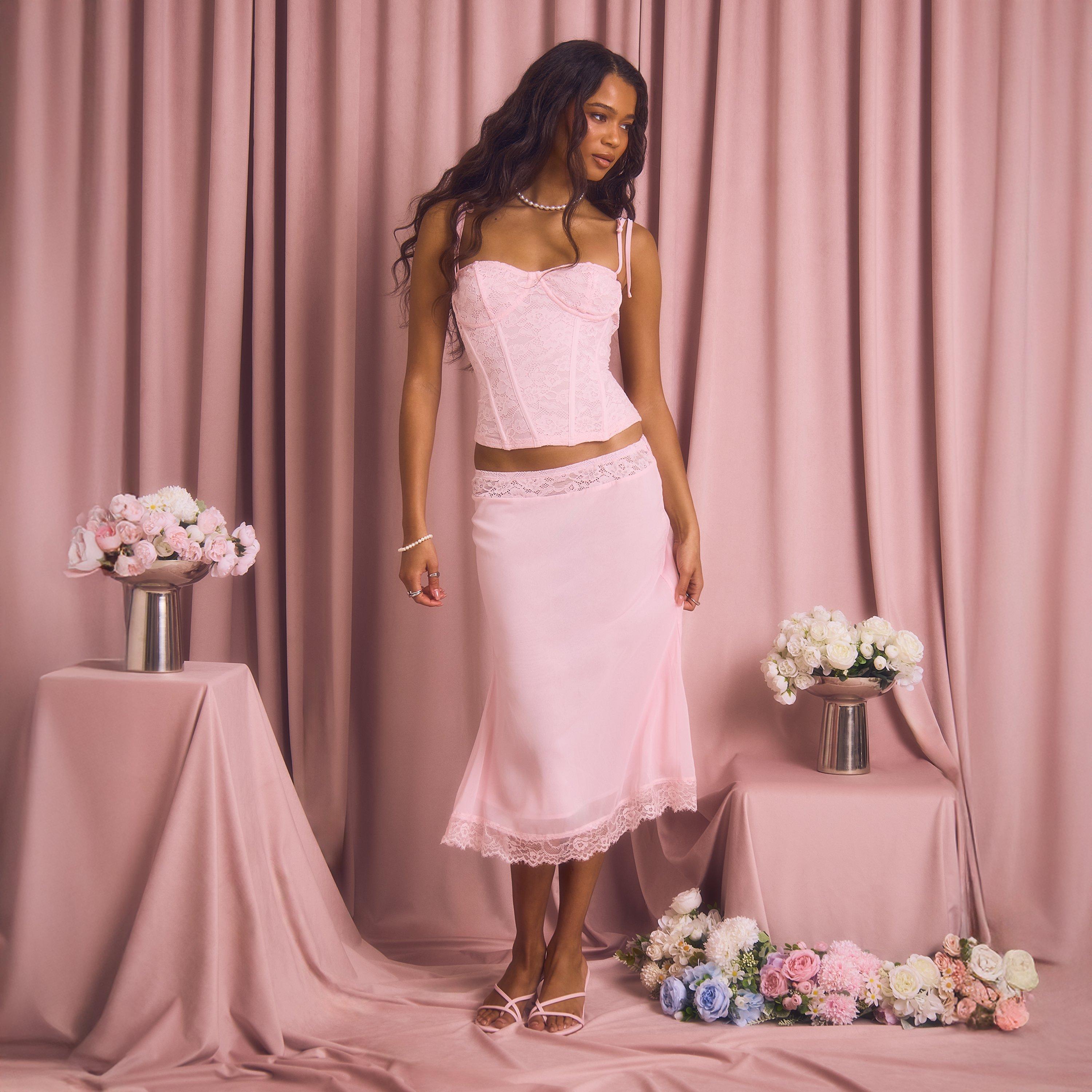 Low Rise Lace Trim Detail Midi Skirt In Pink Chiffon, Women’s