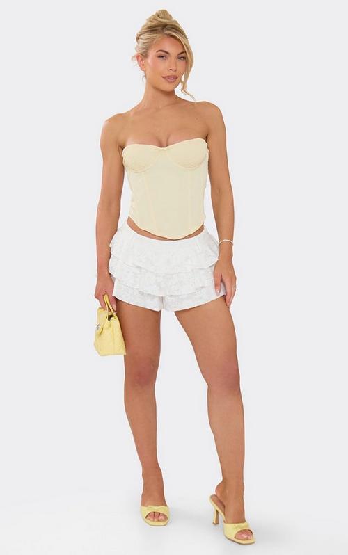 Tiered Frill Hotpant Shorts In White Floral Textured Lace | EGO US