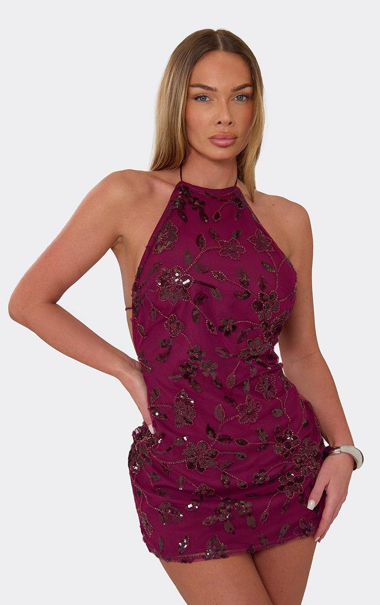 a-line plunge neck long sleeve mini dress in plum Samira Knit Long Sleeve Mini Dress / Plum | MESHKI