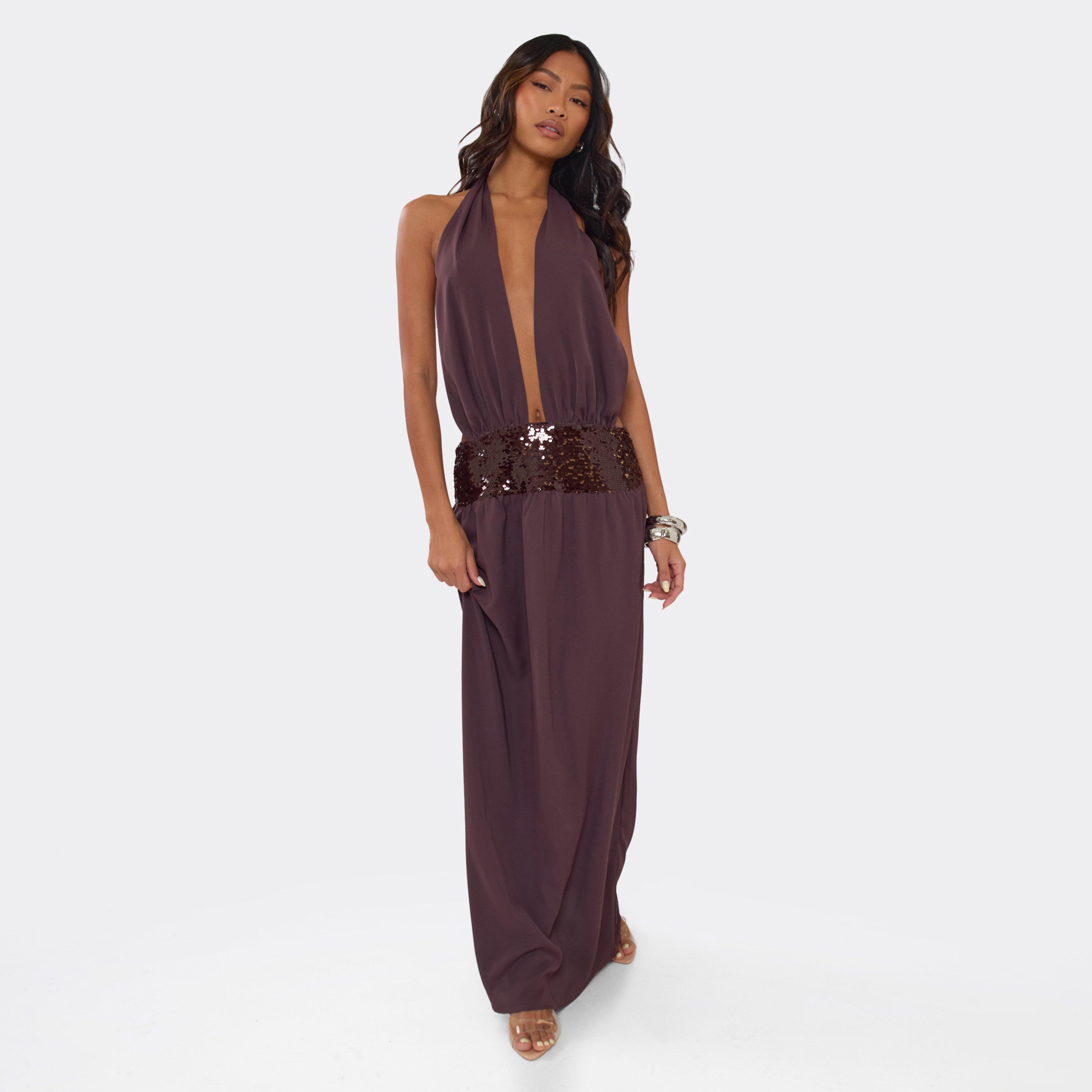 Halterneck Extreme Plunge Front Sequin Panel Maxi Dress In Chocolate Brown Chiffon, Women’s