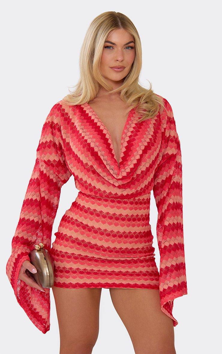Long Flared Sleeve Cowl Neck Mini Dress In Orange Textured Stripe