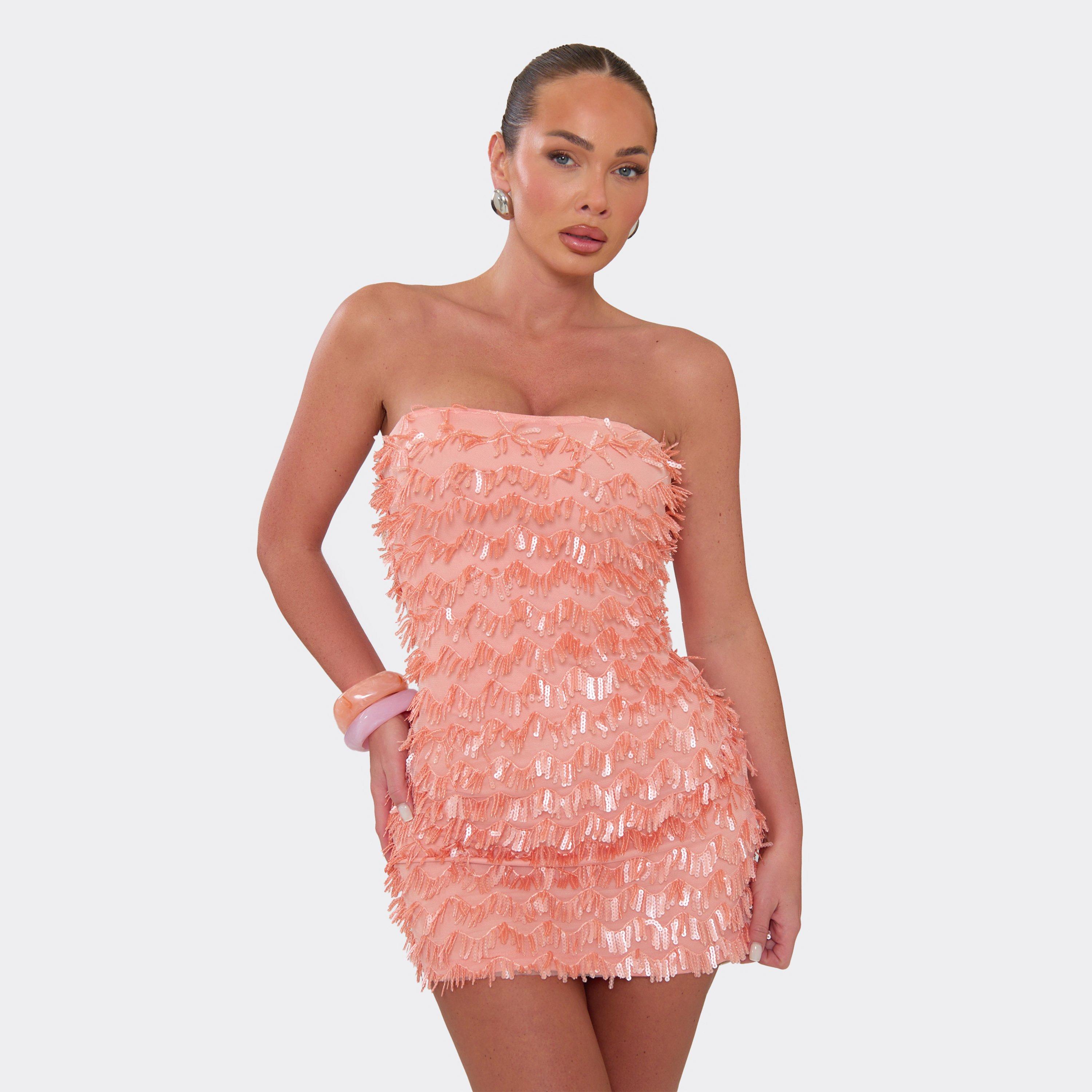 Bandeau Sequin Tassel Mini Dress In Coral, Women's Size UK 6