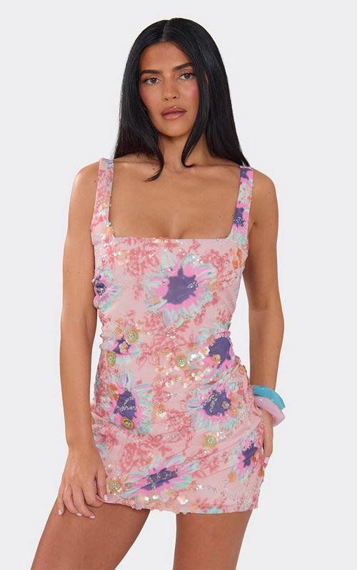 square neck midnight graphic print mini bodycon dress In Light Blue Glitter | EGO US defining design with a