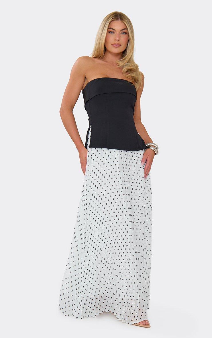 Longline Bandeau Pleated Contrast Polka Dot Print Maxi Dress In Black | EGO  UK
