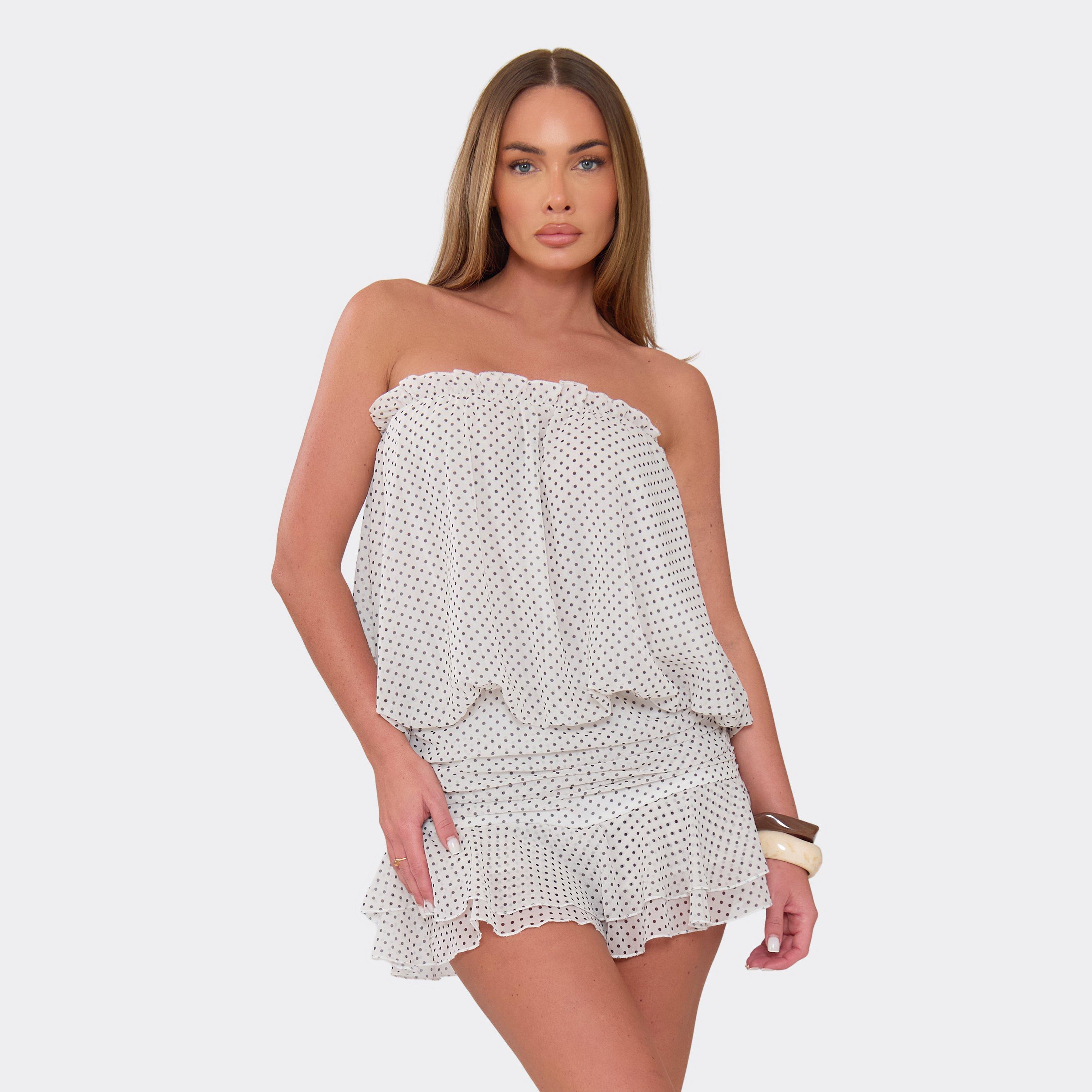Bandeau Frill Hem Blouson Playsuit In White Polka Dot, Women's Size UK 6