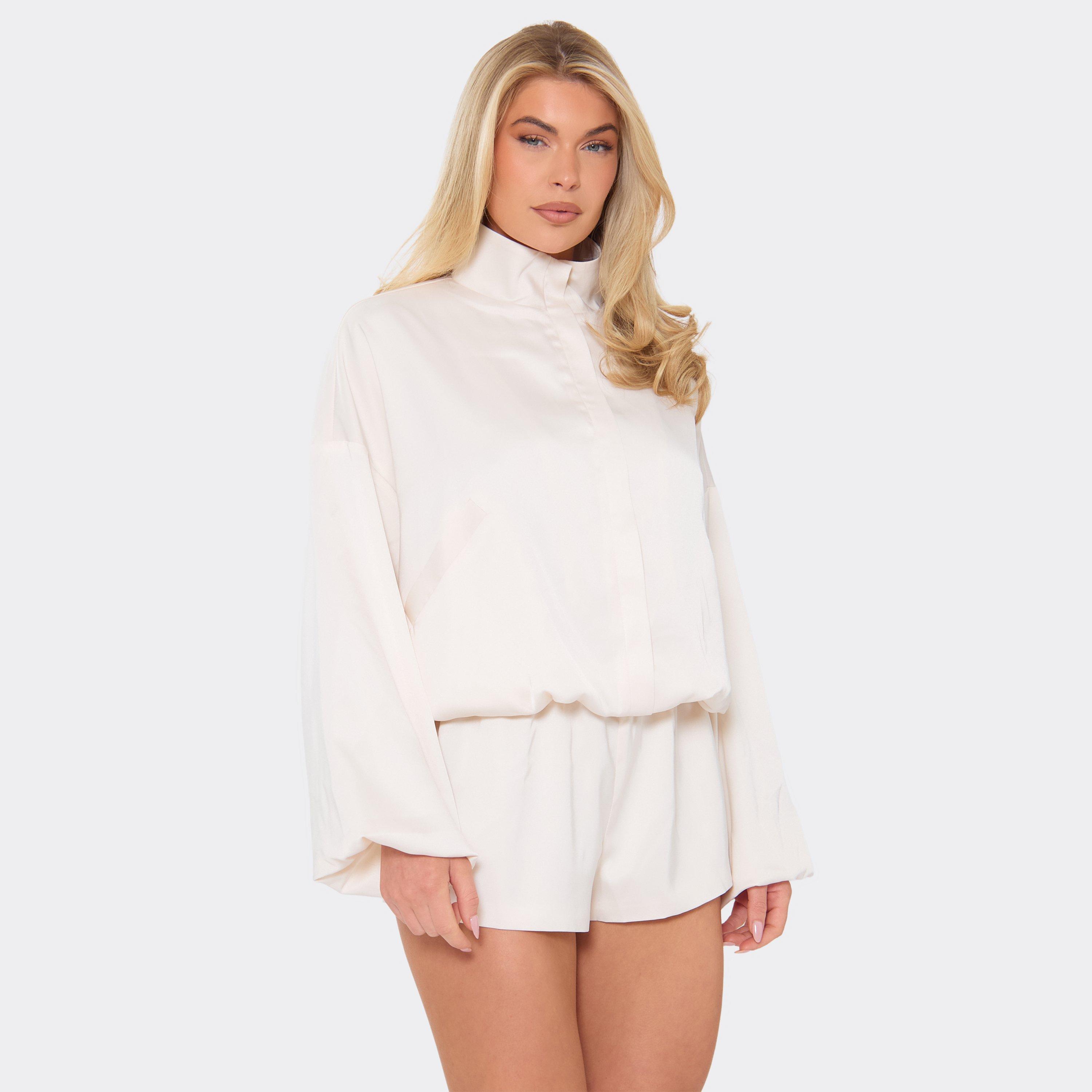 Image of Long Sleeve Collar Detail Bomber Playsuit In Cream, Women's