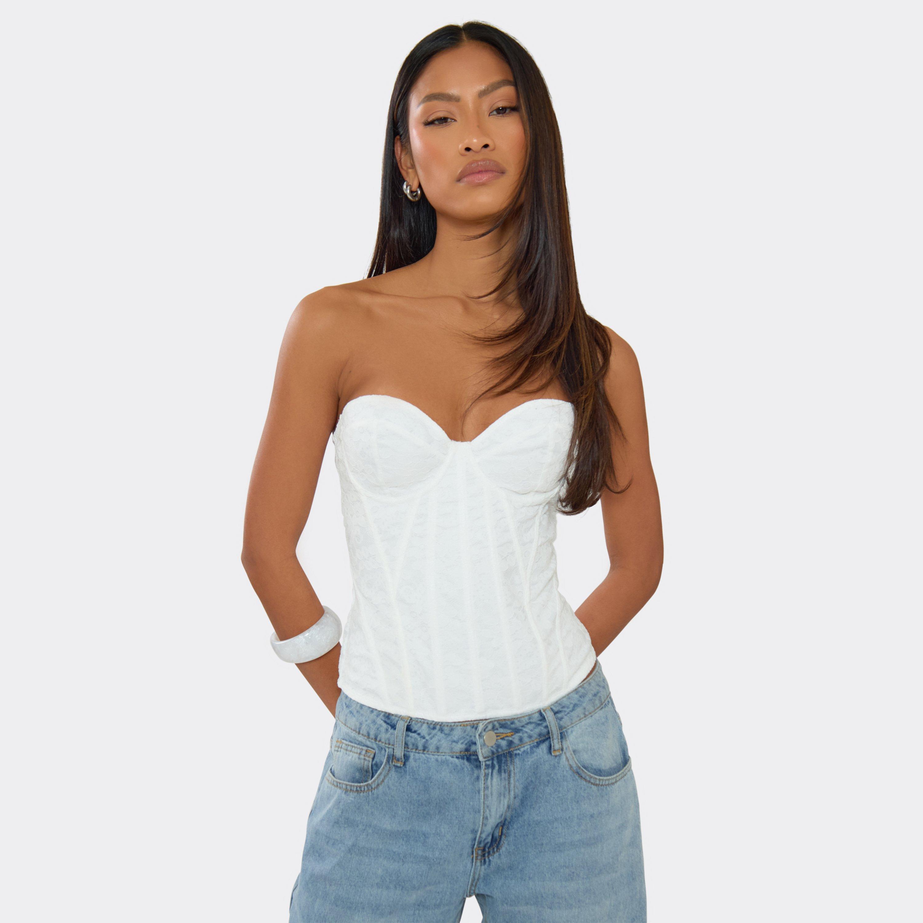 Sweetheart Neck Lace Up Back Corset Top In White Lace, Women’s