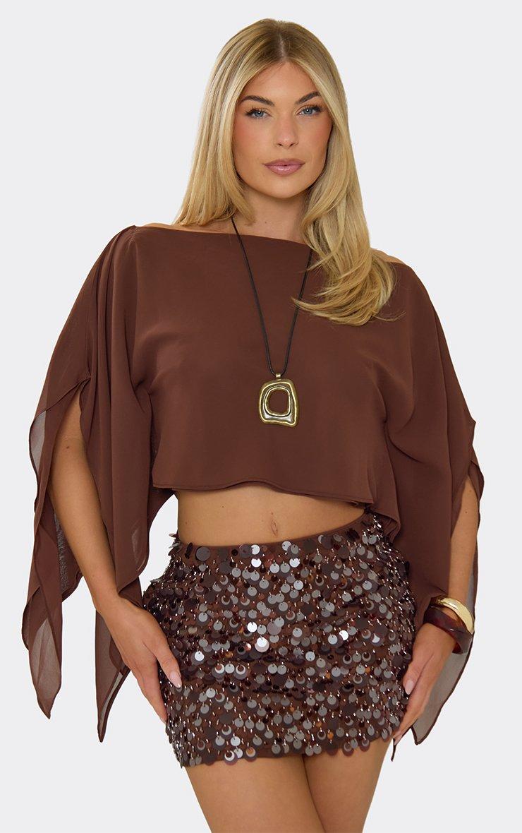 Plunge Front Scarf Neck Detail Top In Brown Polka Dot Mesh | EGO