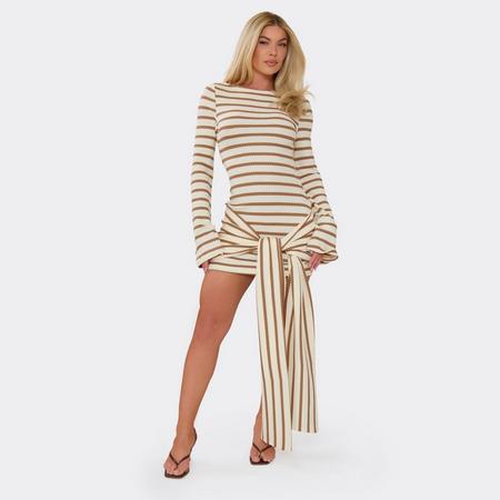 Long Flared Sleeve Boat Neck Wrap Mini Dress In Brown Stripe Texture, Women's Size US