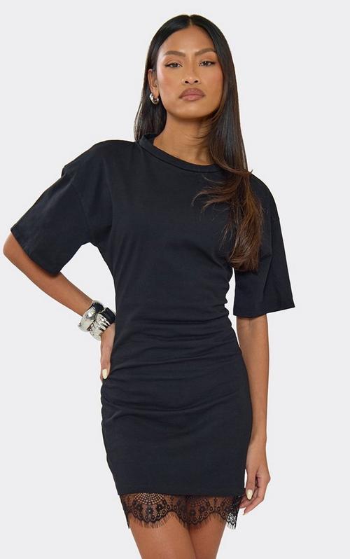 Flared Sleeve Ruched Panel Detail T-Shirt Mini Dress In Black | EGO US