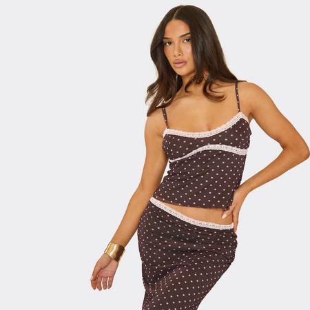 Strappy Lace Trim Cami Top In Brown Polka Dot, Women's Size US