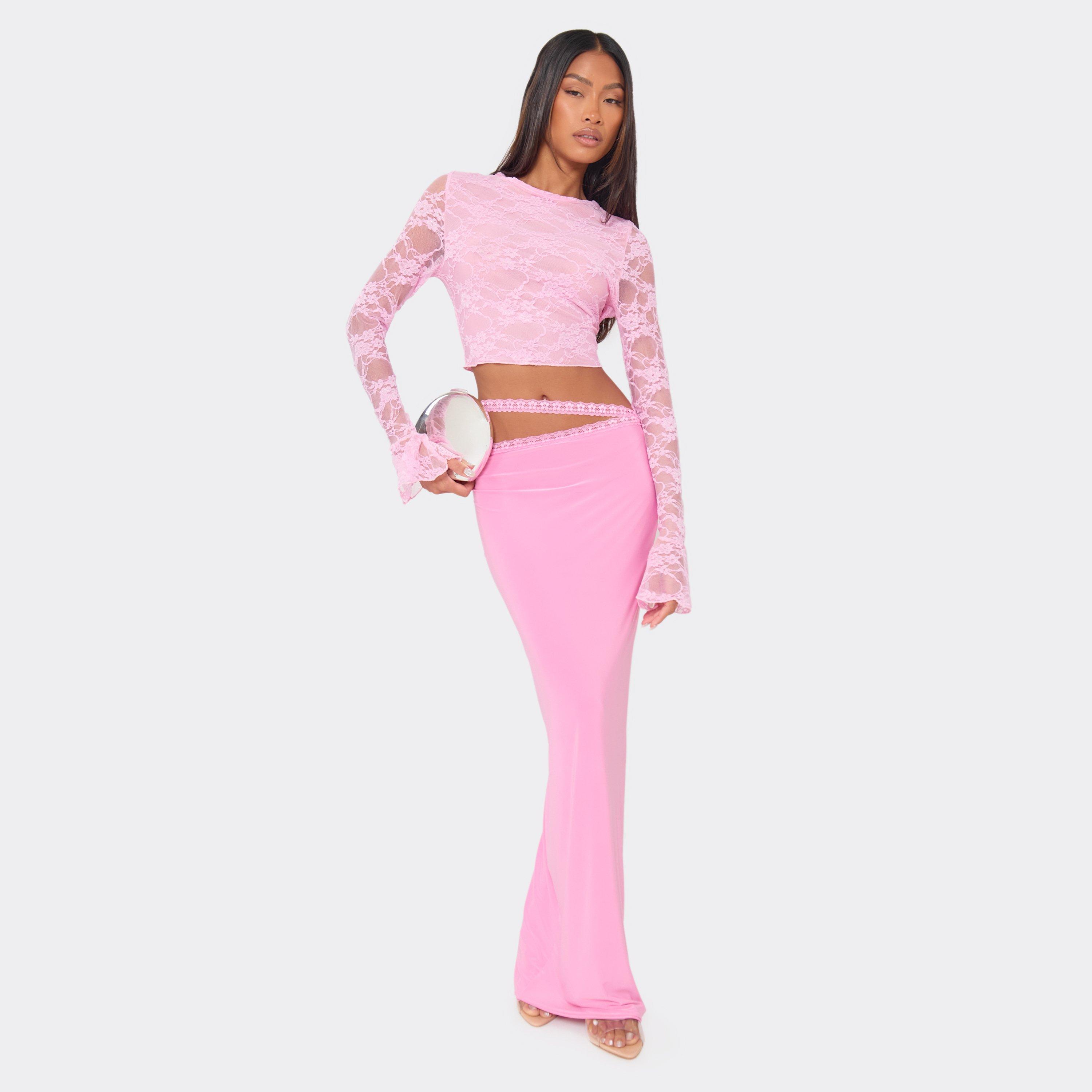 Mid Waist Wrap Detail Maxi Skirt In Pink Lace, Women's Size UK 12