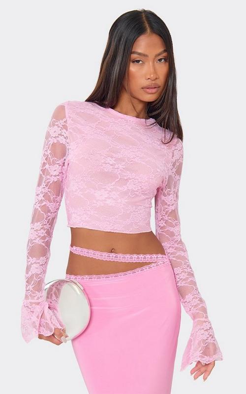 Tie Front Frill Detail Longline Split Front Top In Cream Lace