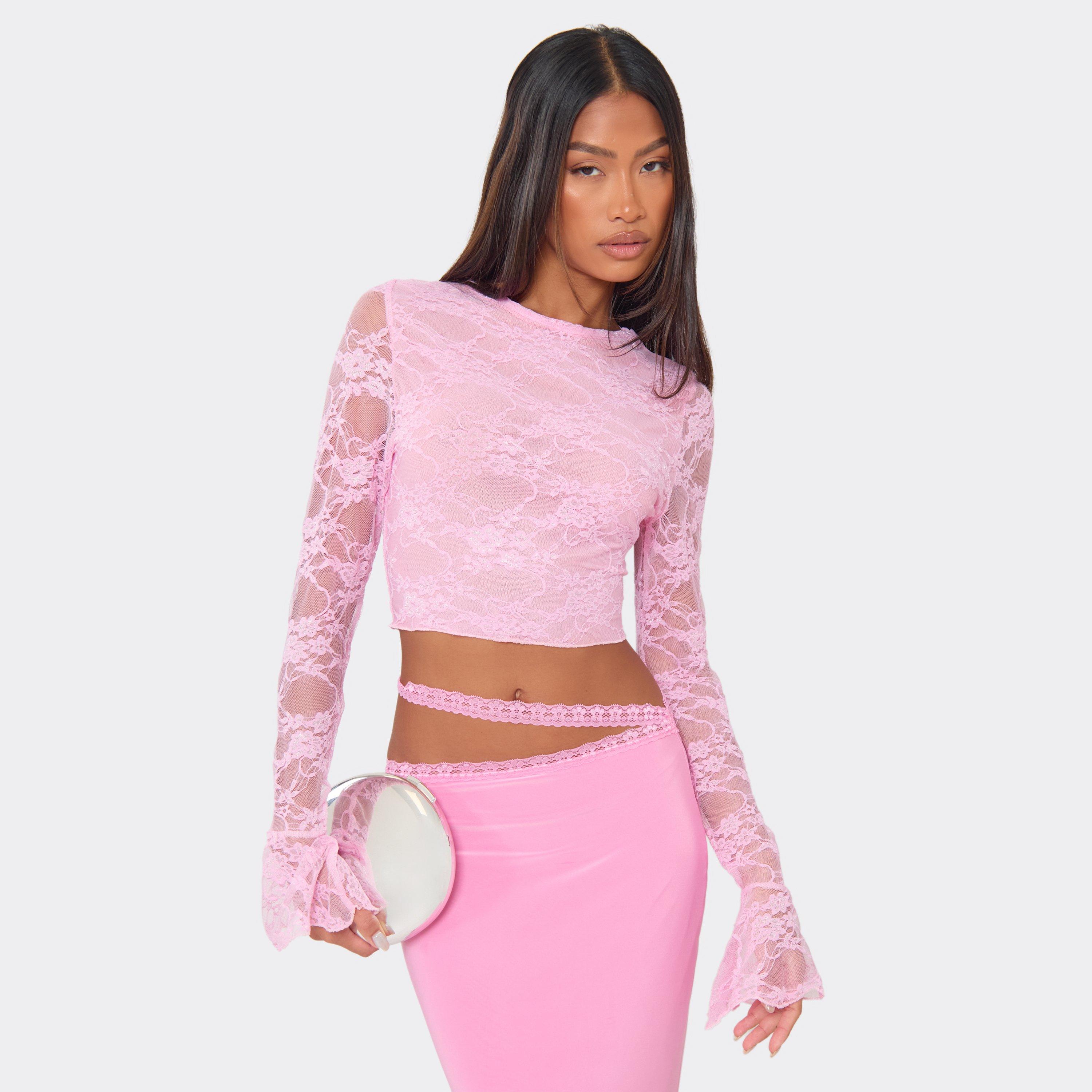 Image of Flared Long Sleeve Top In Pink Lace, Women's