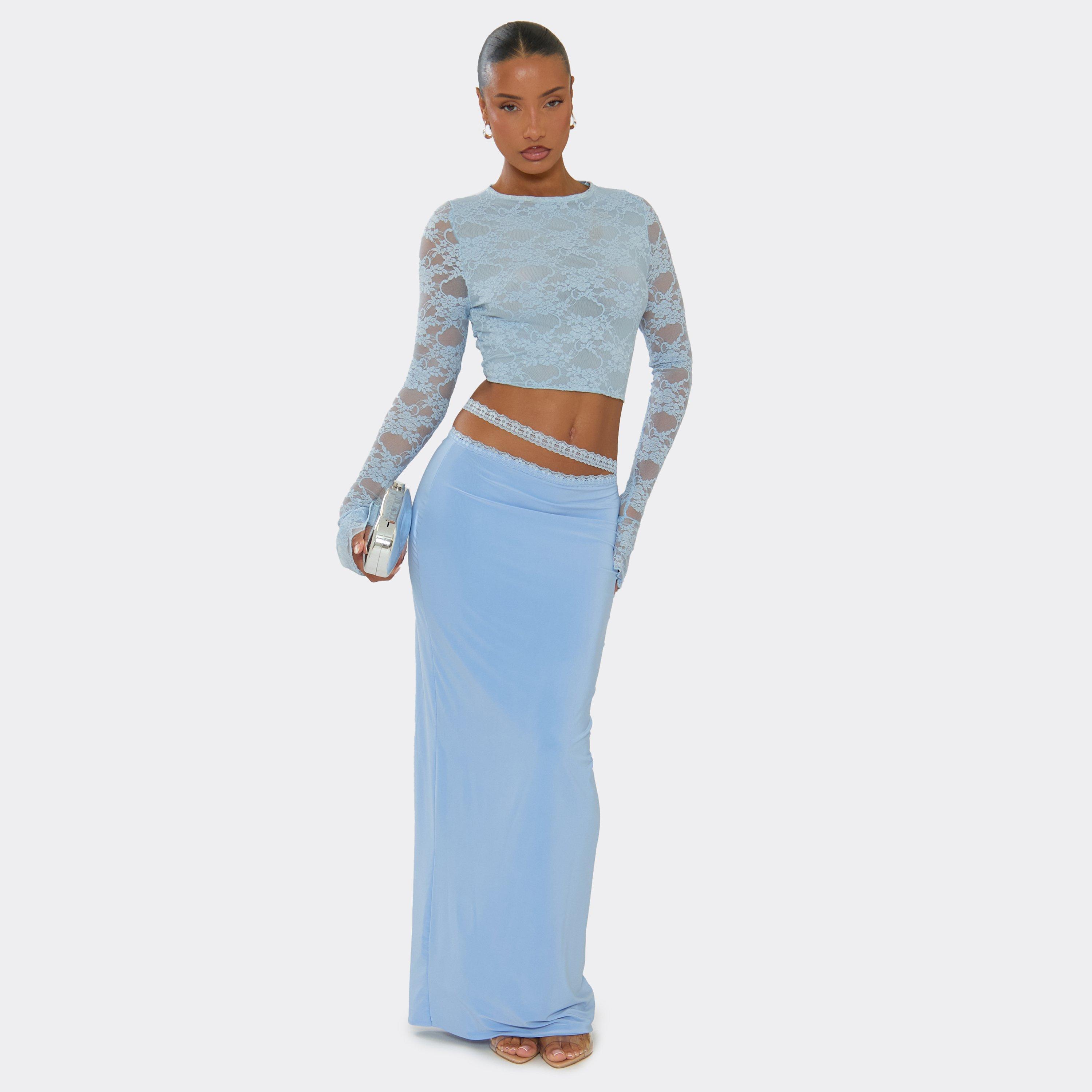 Mid Waist Wrap Detail Maxi Skirt In Blue Lace, Women’s