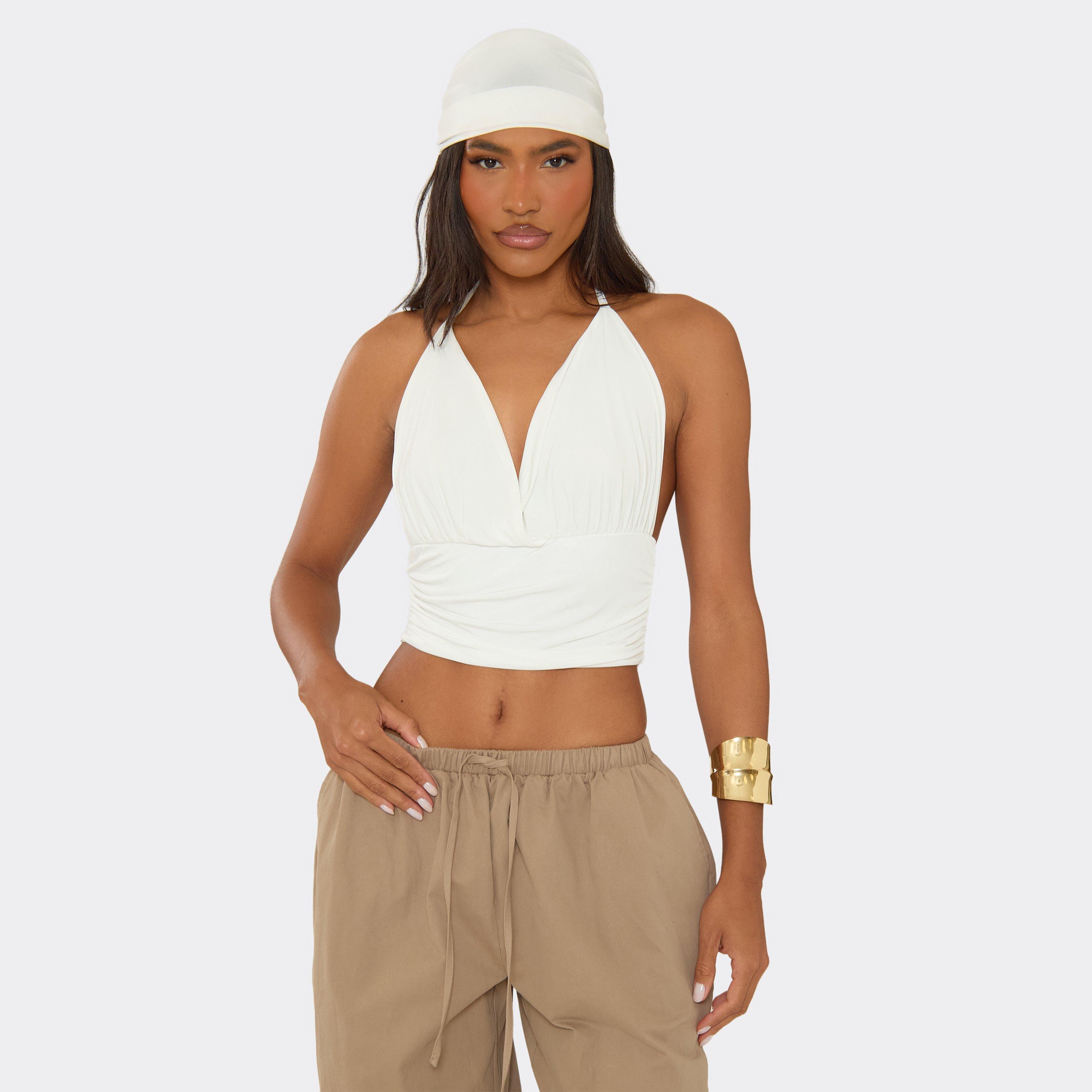 Halterneck Plunge Front Top With Bandana Head Scarf In White, Women's Size UK 8