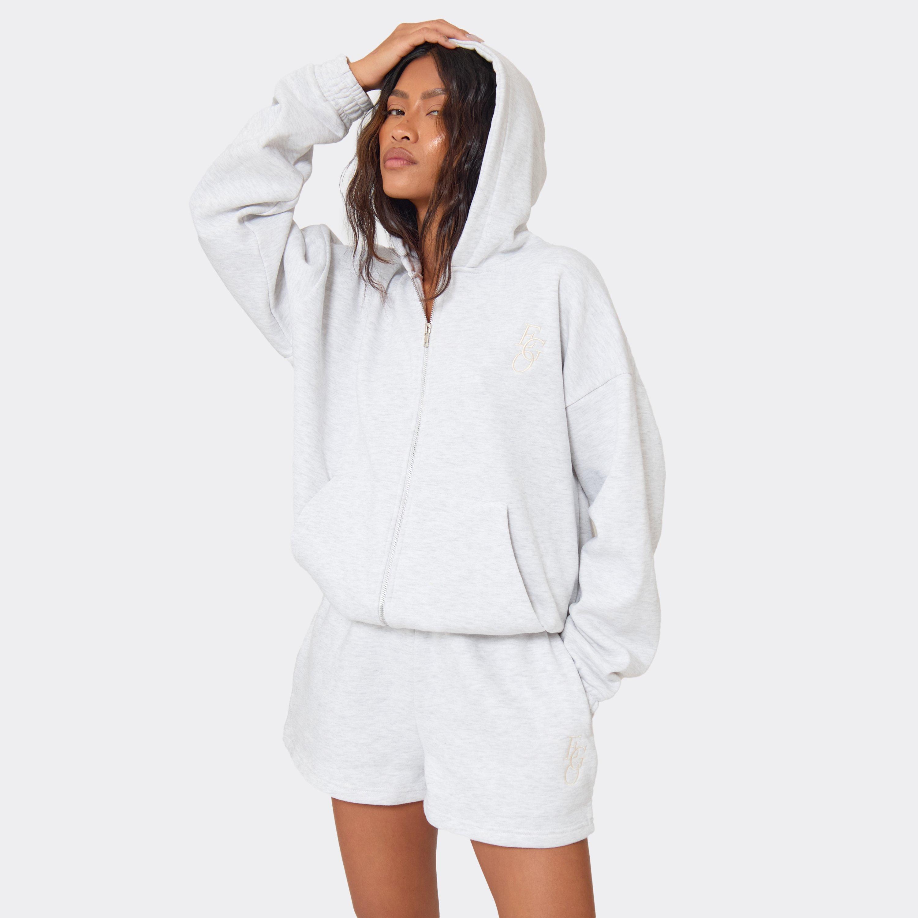 Ego Embroidered Graphic Detail Oversized Zip Up Hoodie In Light Grey Marl, Women’s