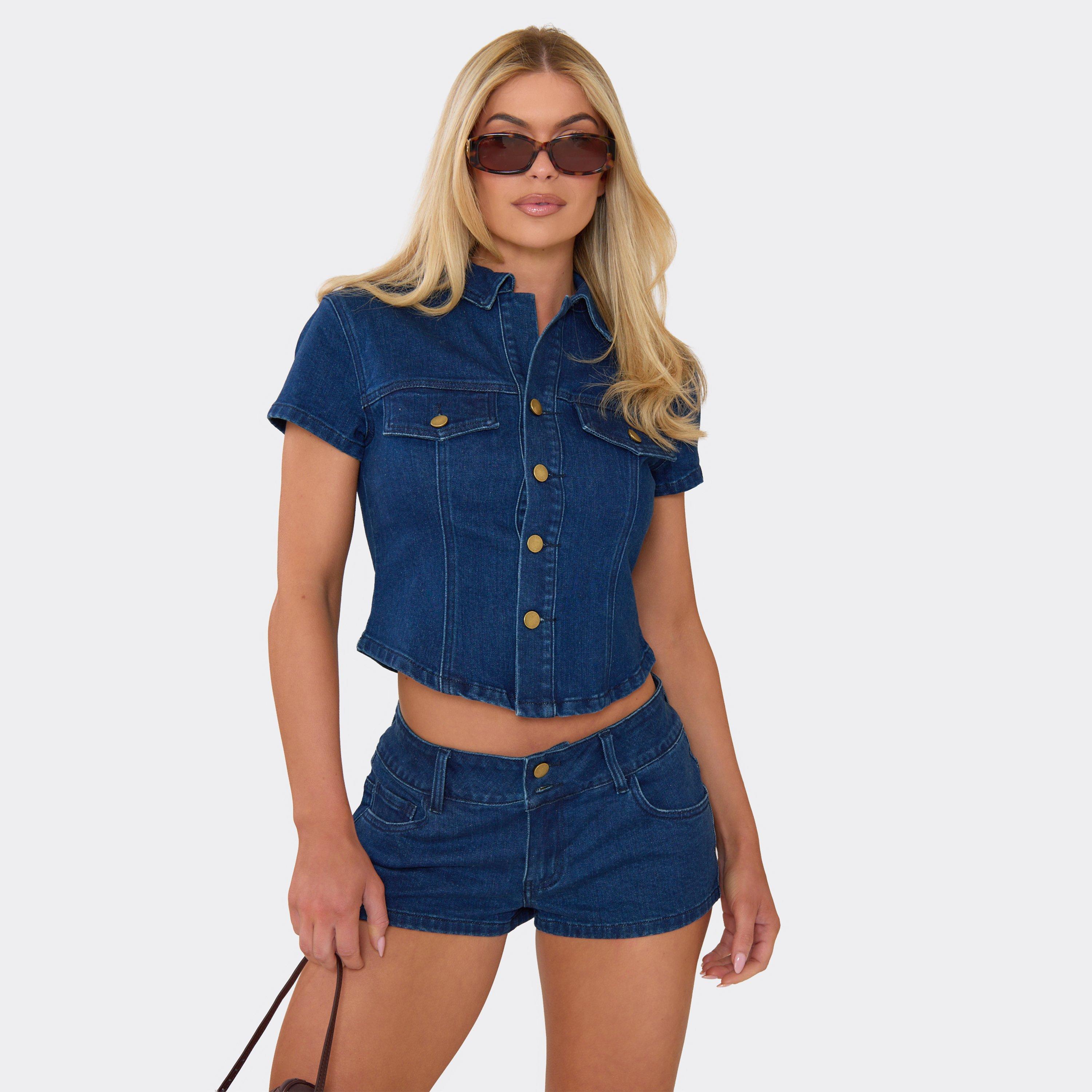 Short Sleeve Button Down Fitted Top In Indigo Blue Denim, Women's Size UK 8
