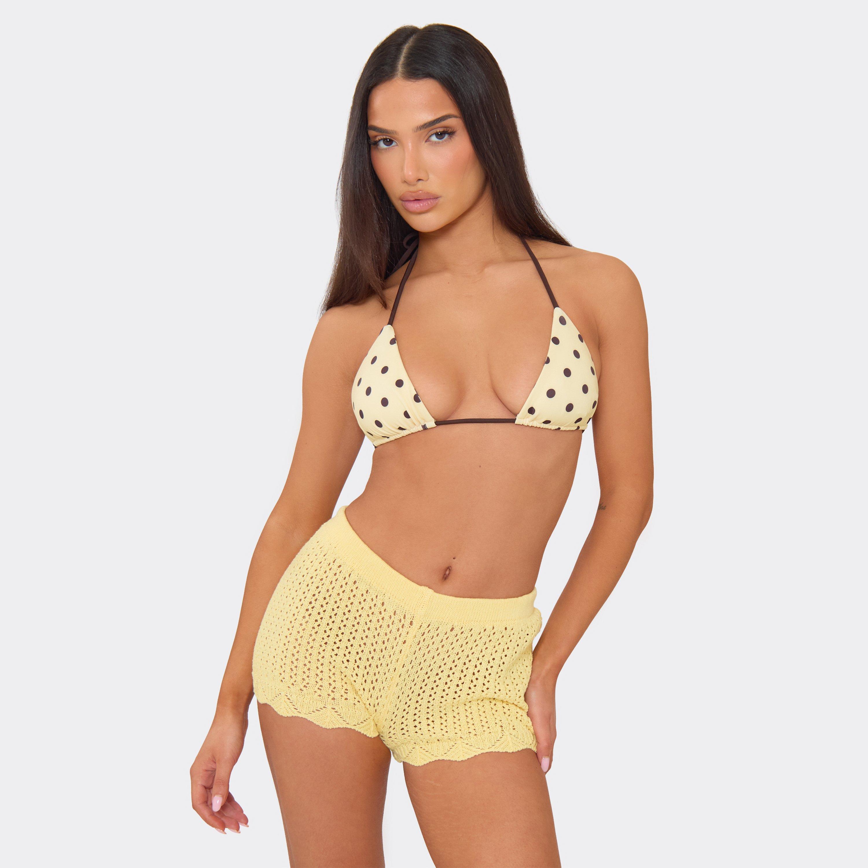 Low Rise Mini Shorts In Yellow Crochet Knit, Women's Size UK L