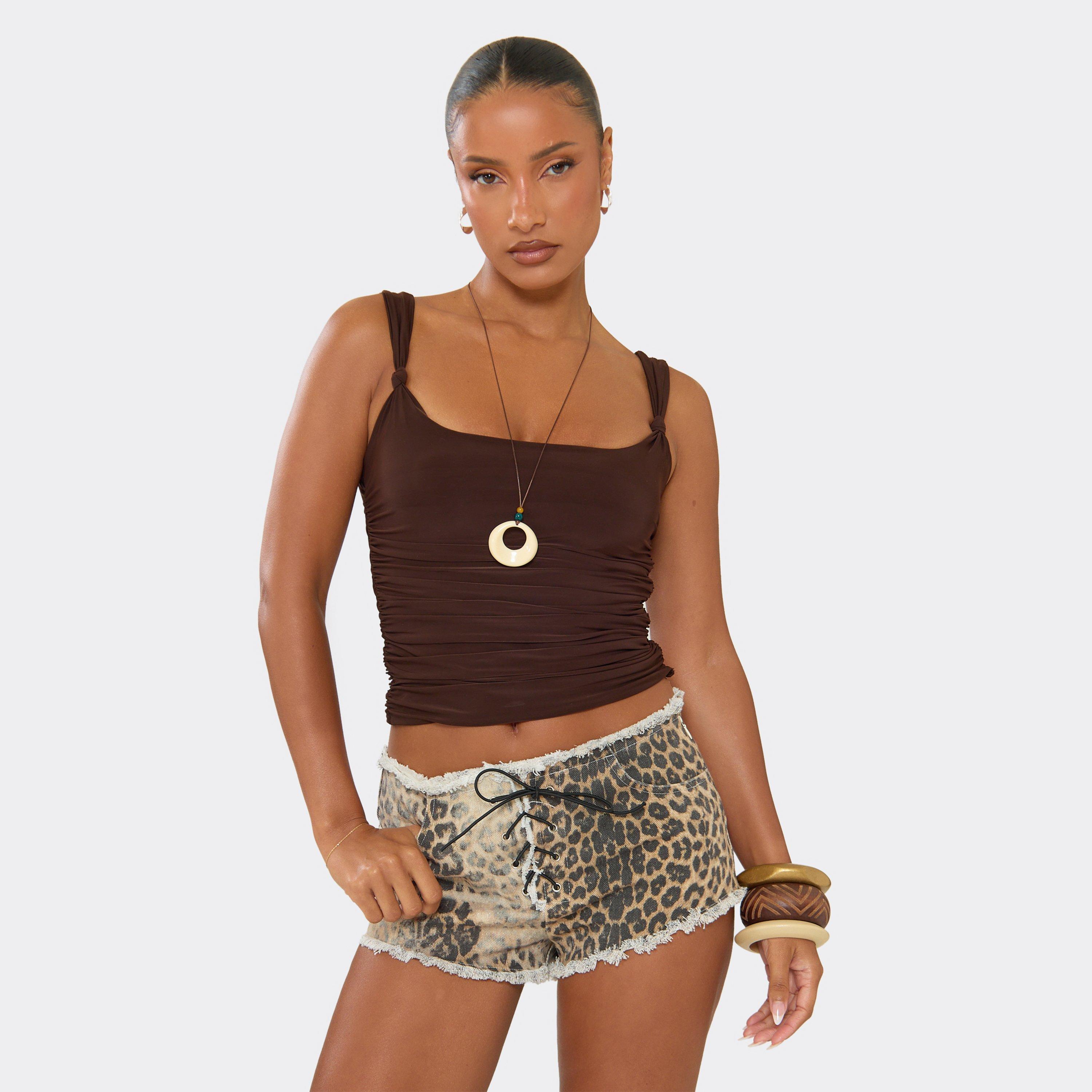Low Rise Frayed Hem Lace Up Front Shorts In Brown Leopard Print Denim, Women's Size UK 10