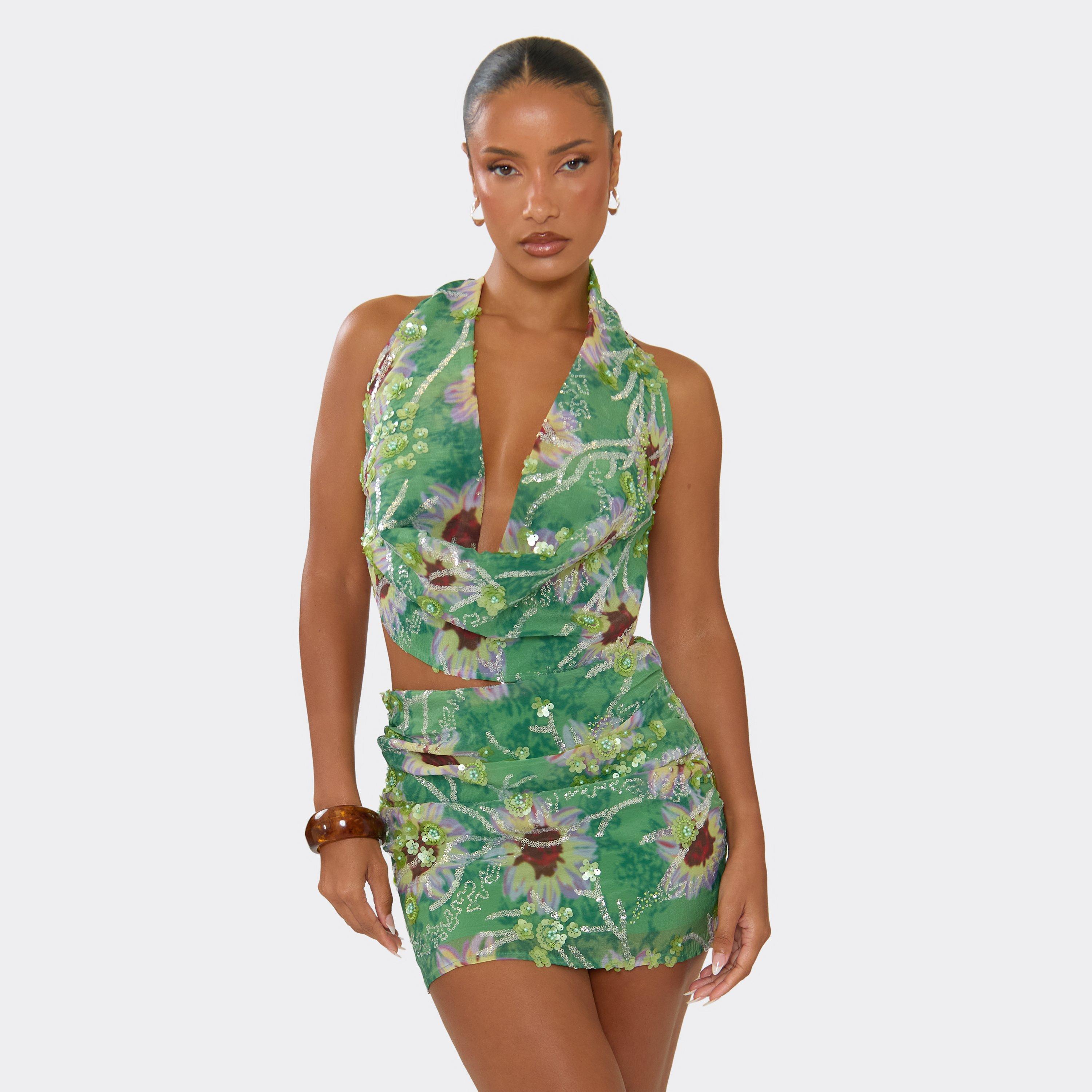 Cowl Neck Sequin Embellished Detail Top In Green Floral Print, Women's Size UK 6