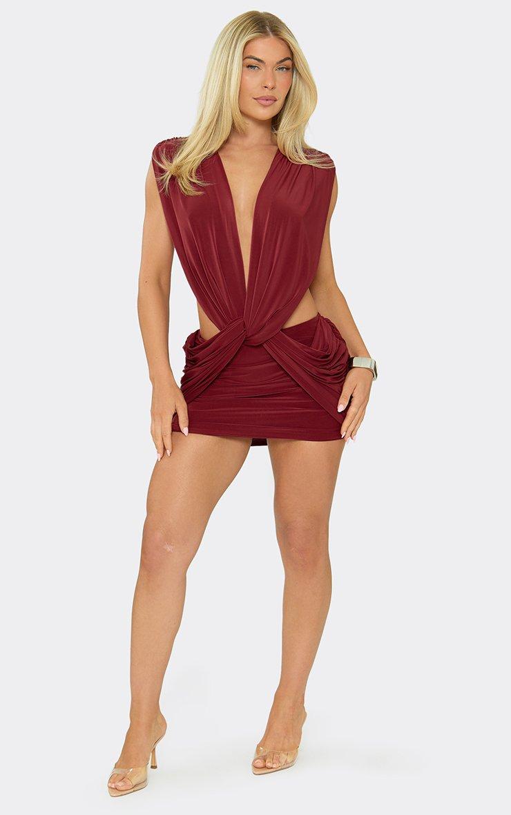 Extreme Cowl Neck Cut Out Detail Ruched Mini Dress In Red.
