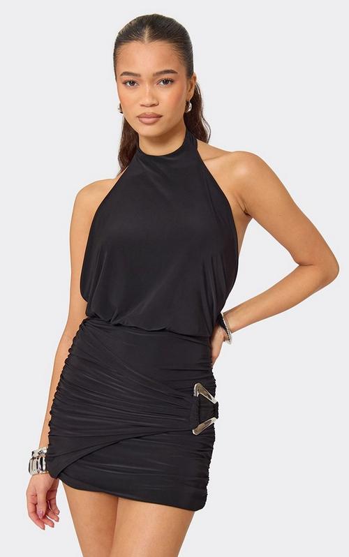 Plunge Halterneck Frill Detail Mini Bodycon Dress In Black Lace | EGO AU