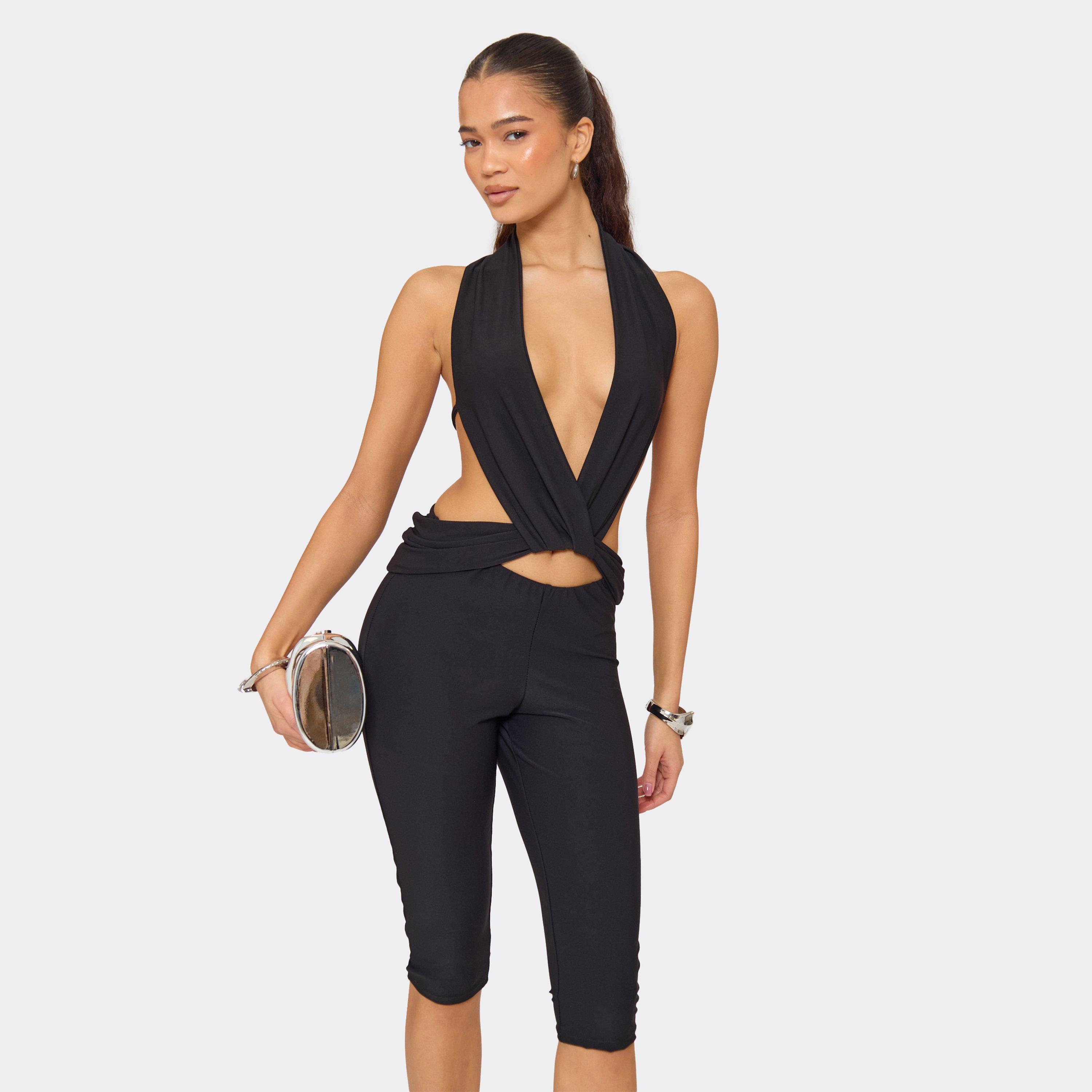 Halterneck Plunge Front Cut Out Detail Tie Back Top In Black, Women's Size UK 8