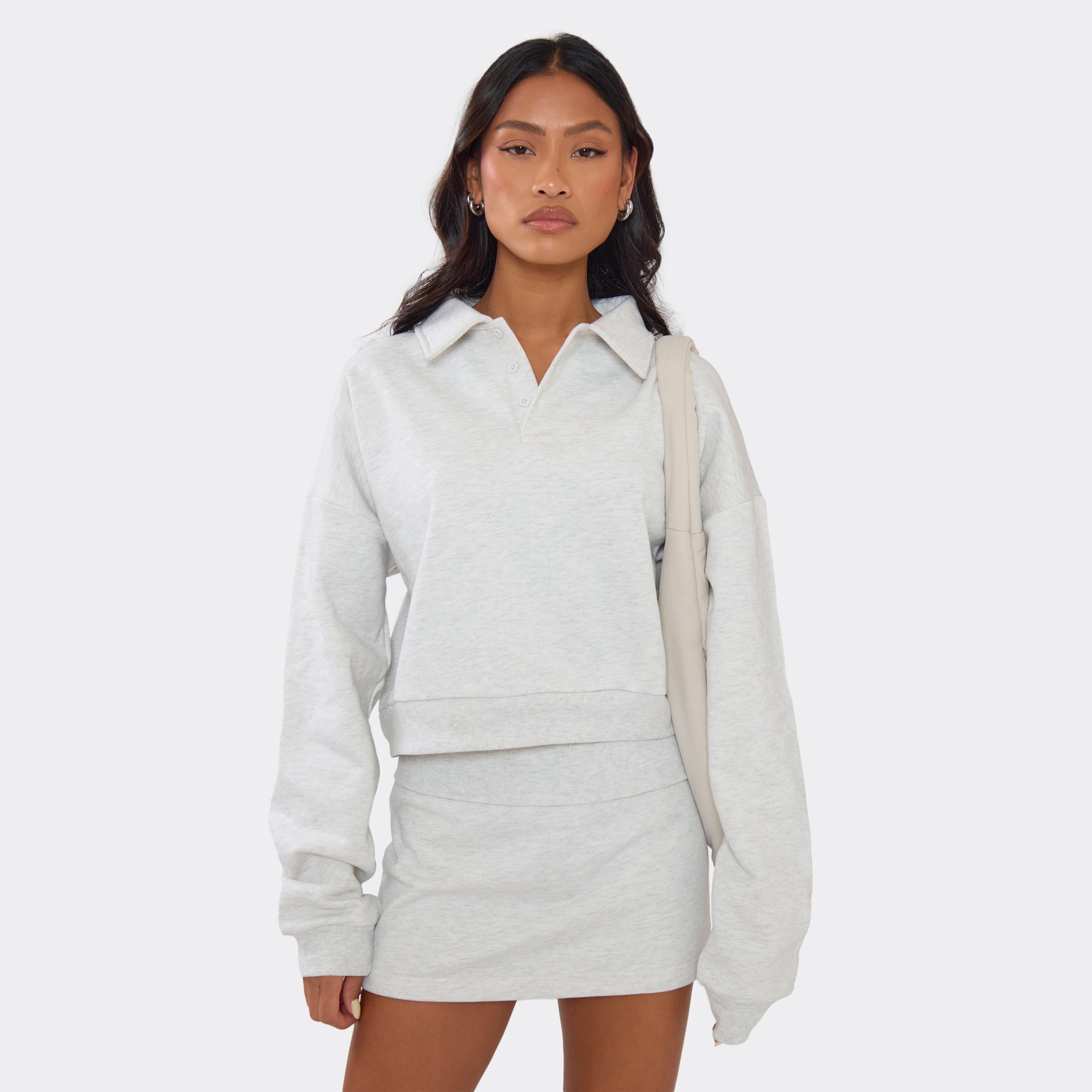 Image of Long Sleeve Boxy Polo Sweatshirt In Light Grey Marl, Women's