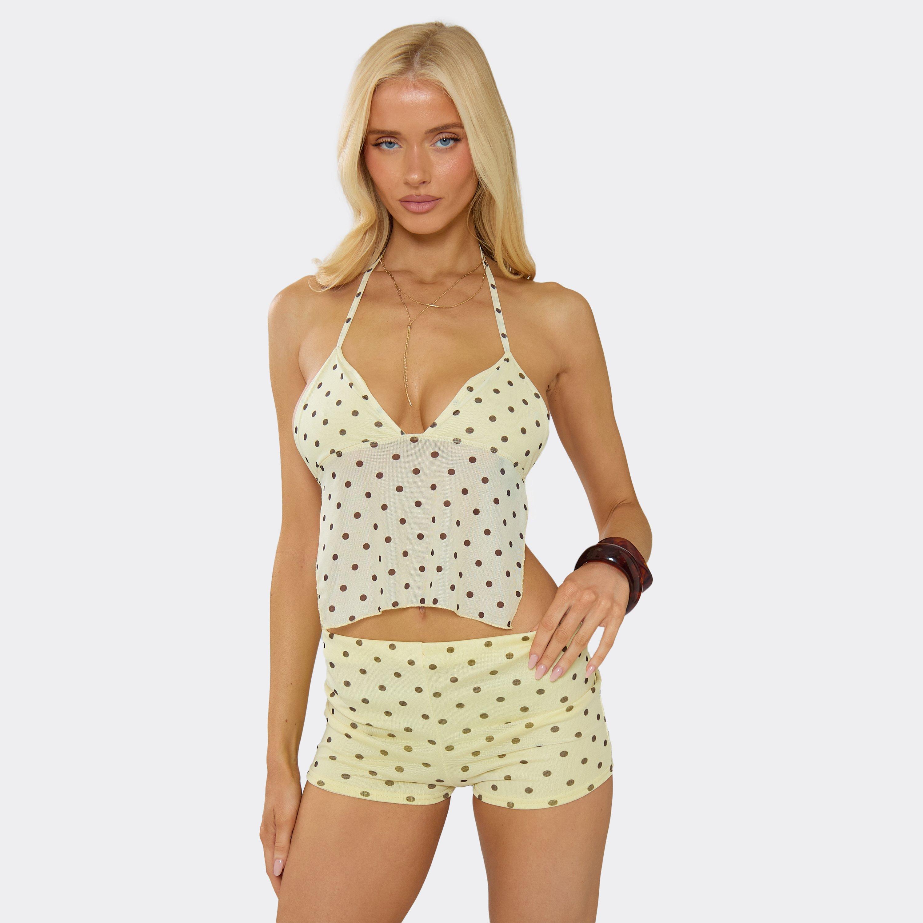 Halter Neck Mesh Panel Crop Top In Yellow Polka Dot, Women's Size UK 8