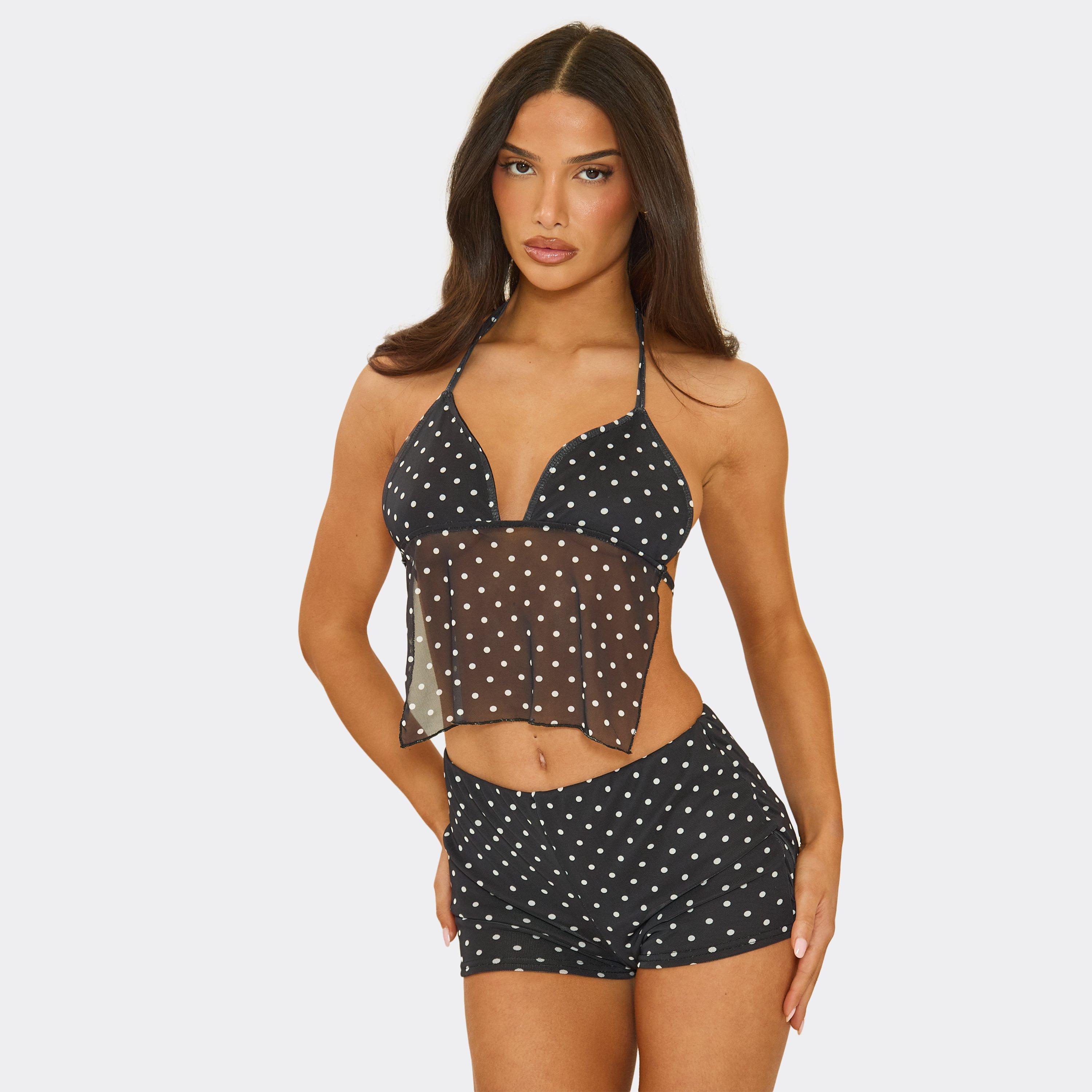 Halter Neck Mesh Panel Crop Top In Black Polka Dot, Women's Size UK 14