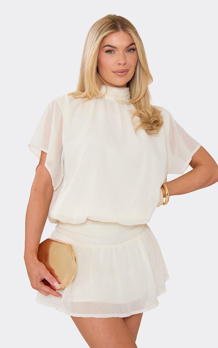Short Floaty Sleeve High Neck Frilled Hem Mini Dress In Cream | EGO US | EGO