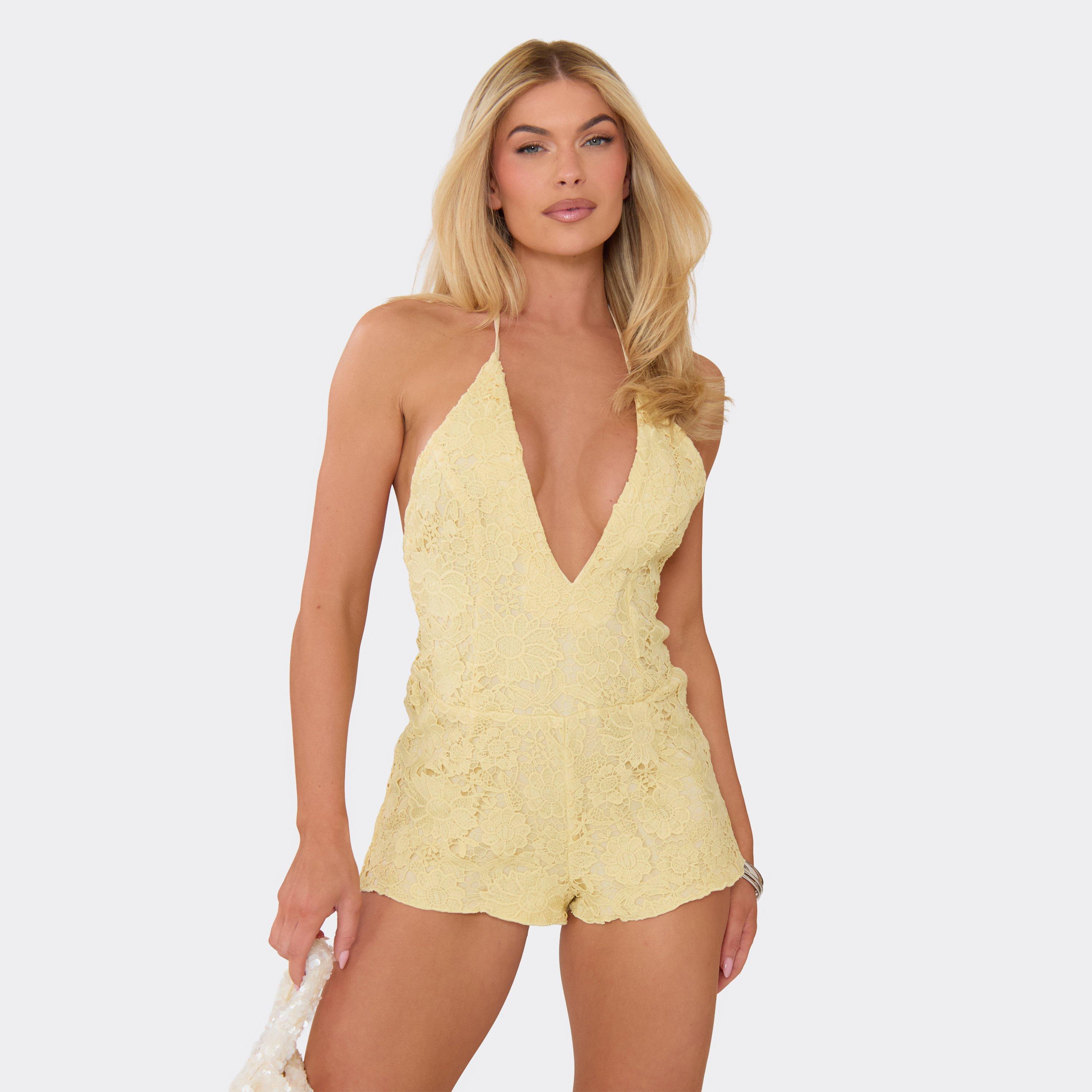 Halterneck Plunge Front Playsuit In Lemon Floral Texture, Women's Size UK 10