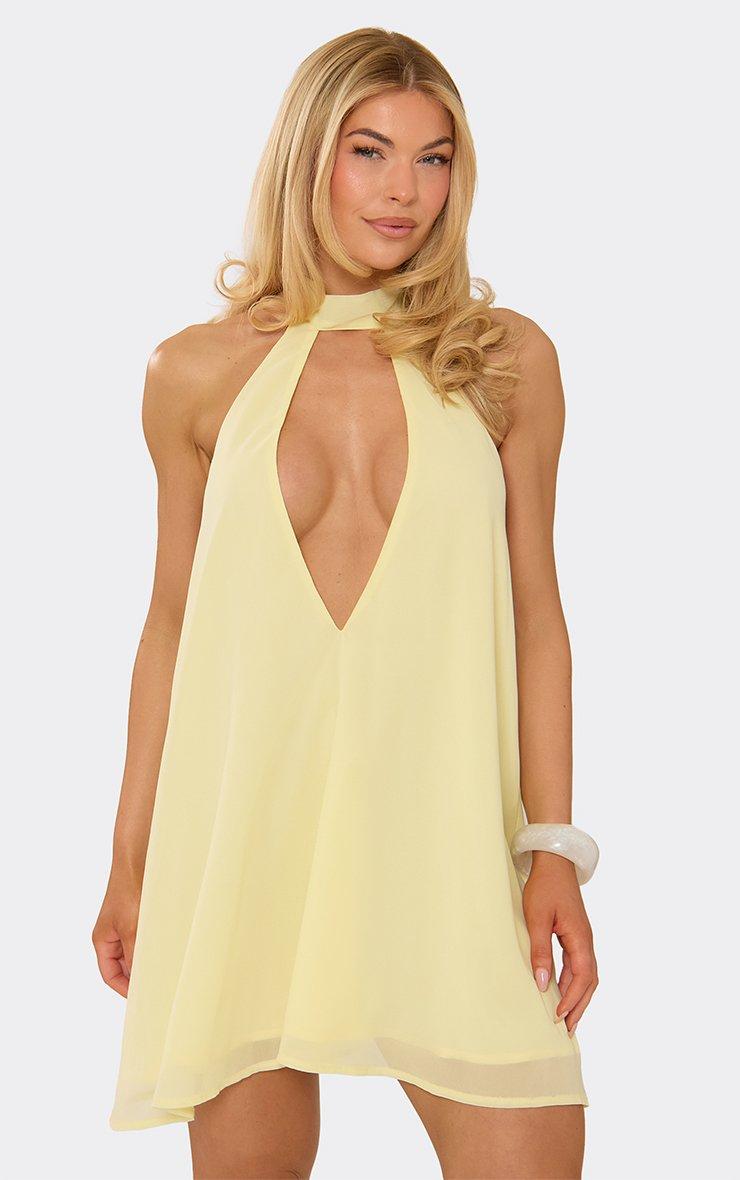 navy blue dress for baby girl High Neck Cut Out Plunge Front Open Back Floaty Mini Dress In Lemon | EGO  US