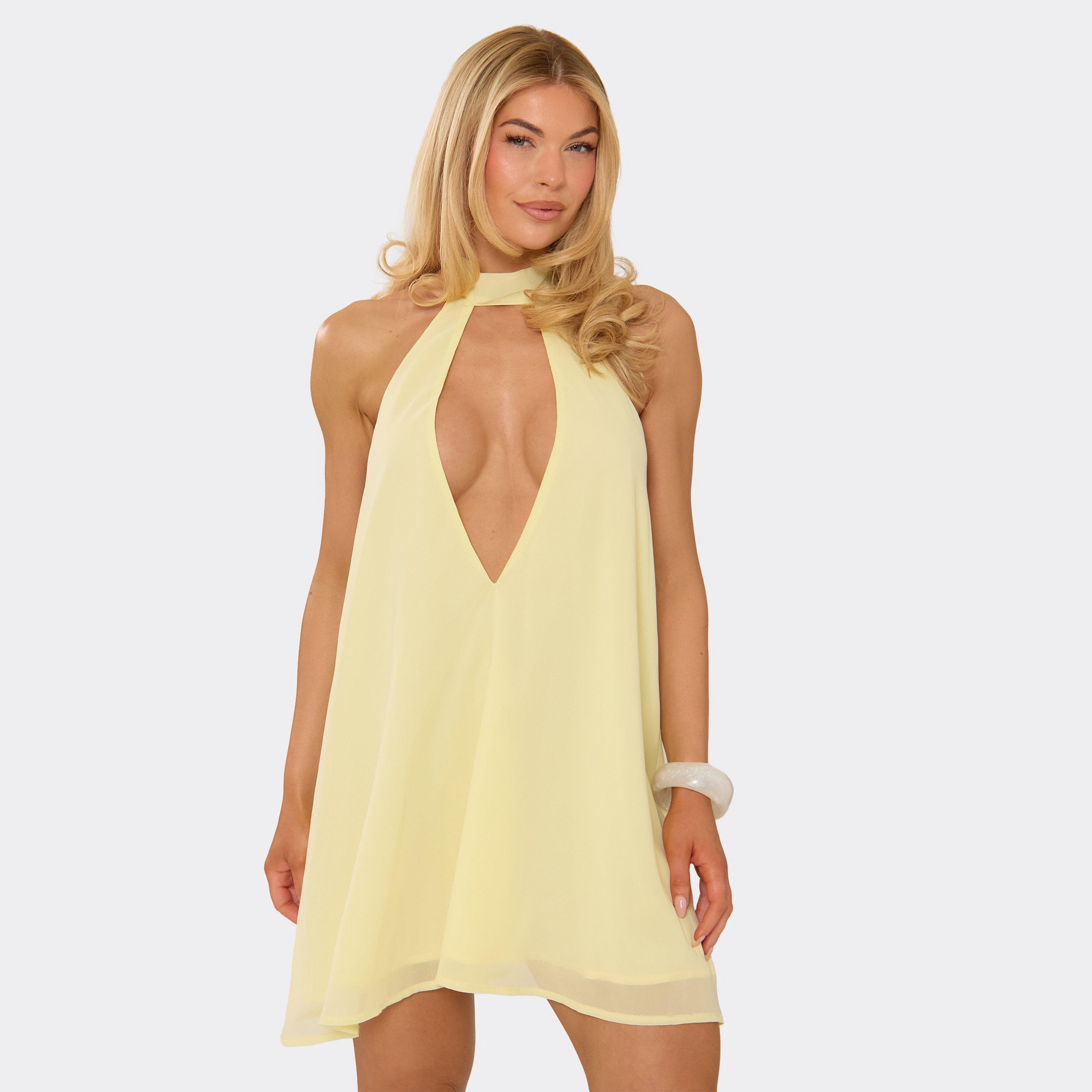 High Neck Cut Out Plunge Front Open Back Floaty Mini Dress In Lemon, Women’s