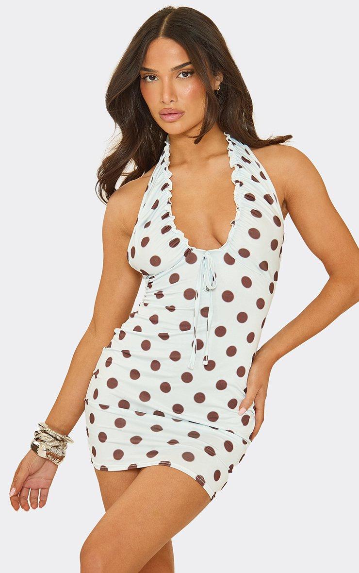 halter neck polka dot dress ASOS DESIGN chiffon high maxi in cream dots Premium scuba and mesh Plunge Halter Neck Tie Detail