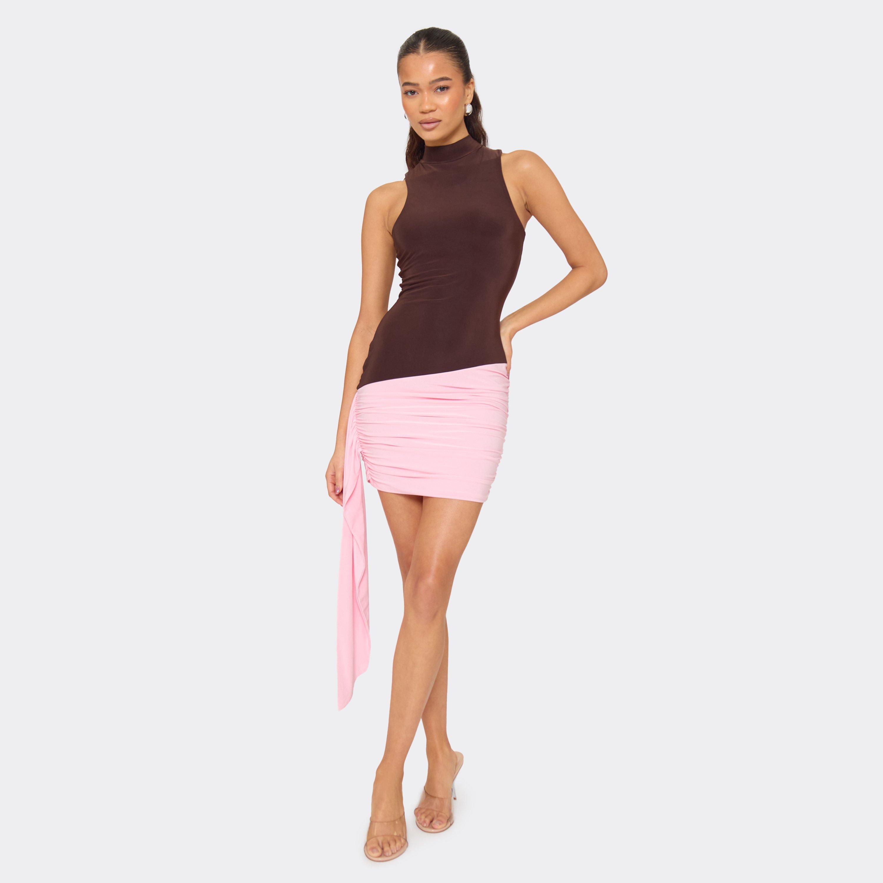 High Neck Contrast Drape Front Detail Mini Dress In Brown, Women’s