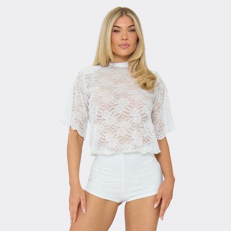 High Neck Short Sleeve Sheer Lace Micro Playsuit In Cream, Women's Size US 4