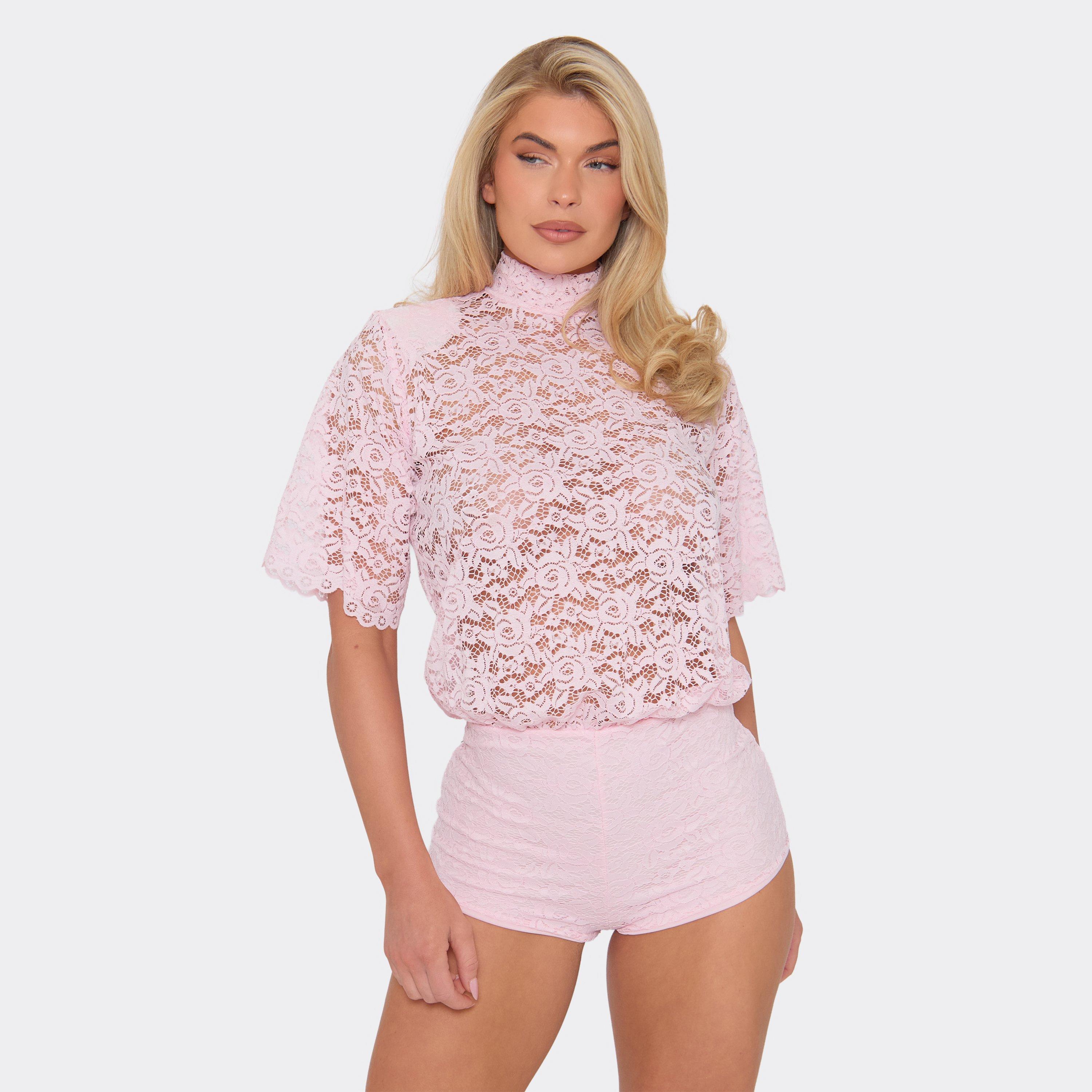 Image of High Neck Short Sleeve Sheer Lace Micro Playsuit In Baby Pink, Women's
