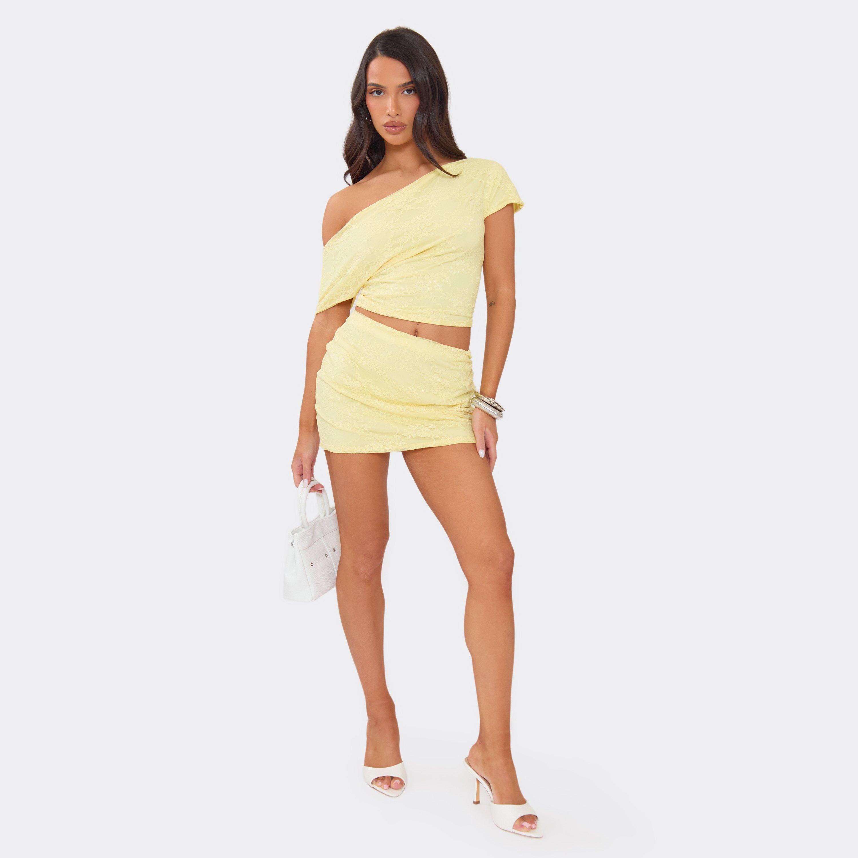 Mid Rise Mini Skirt In Lemon Yellow Lace, Women's Size UK 14