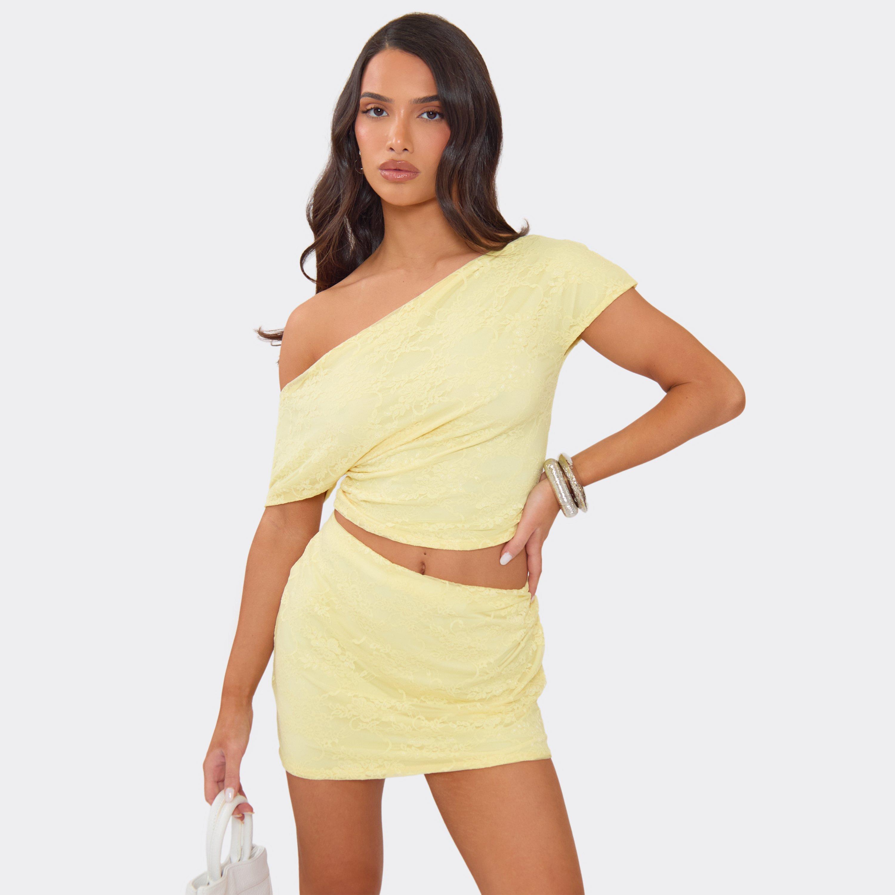 One Shoulder Asymmetric Top In Lemon Yellow Lace, Women's Size UK 6