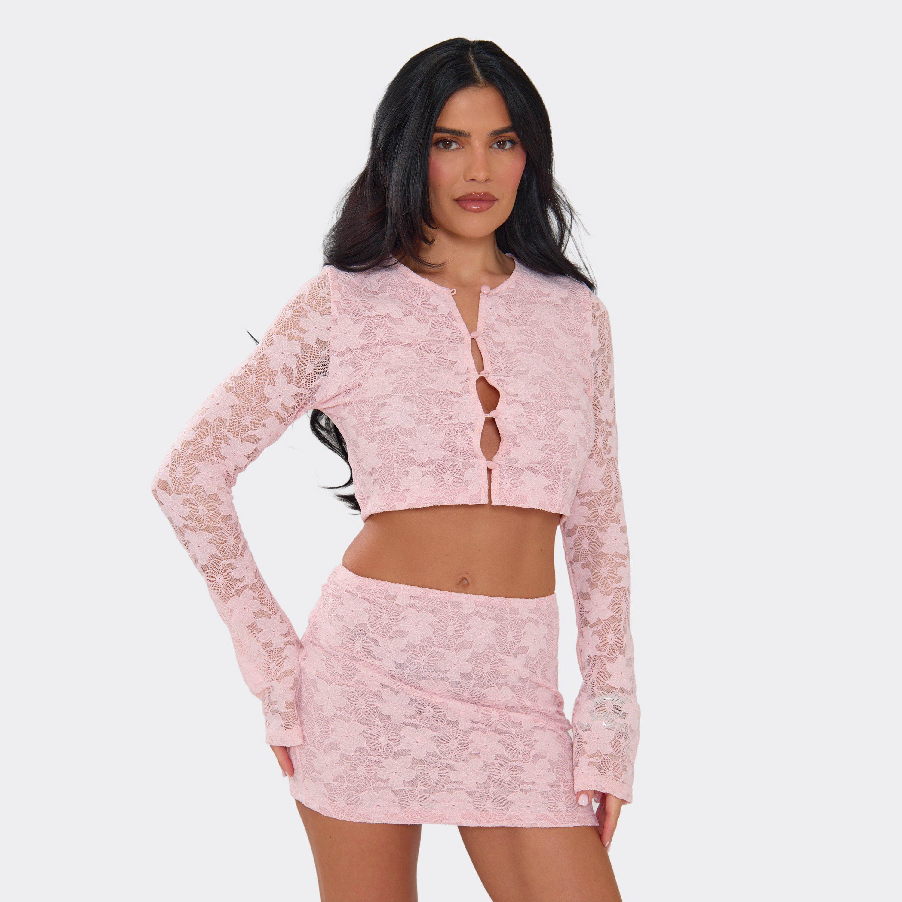 Long Sleeve Button Up Crop Top In Pink Lace, Women's Size UK 8