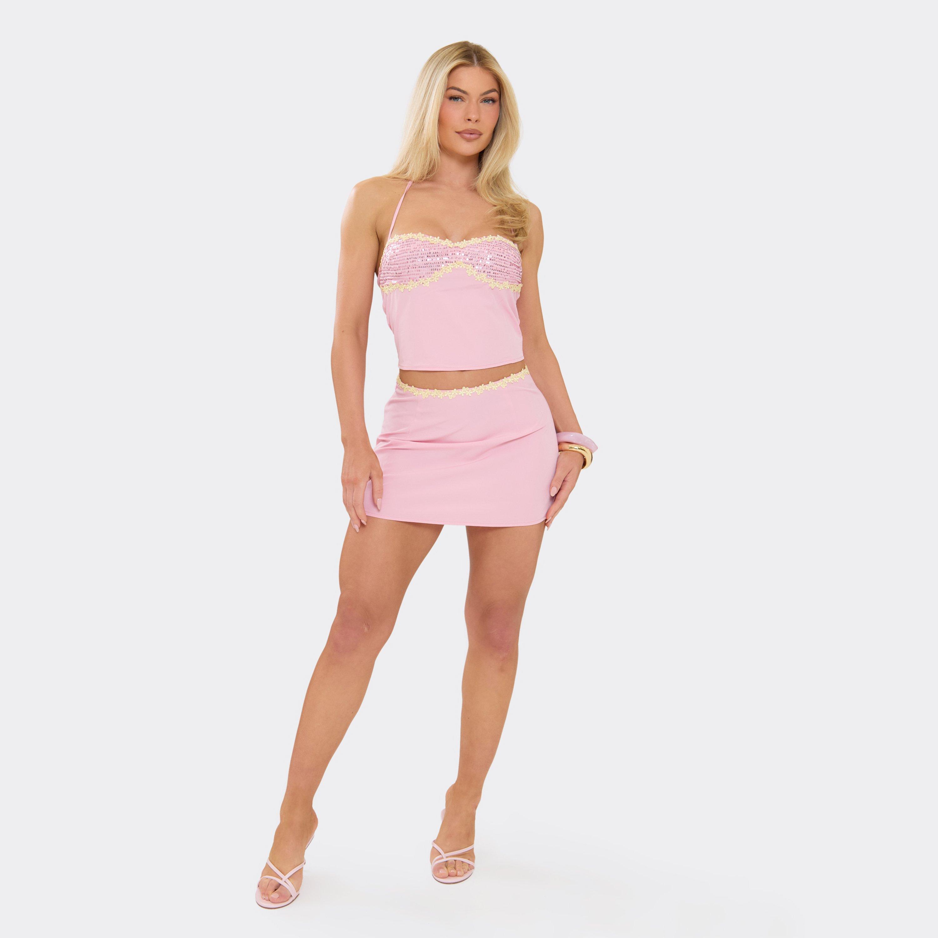 Mid Rise Floral Hem Detail Mini Skirt In Pink, Women’s