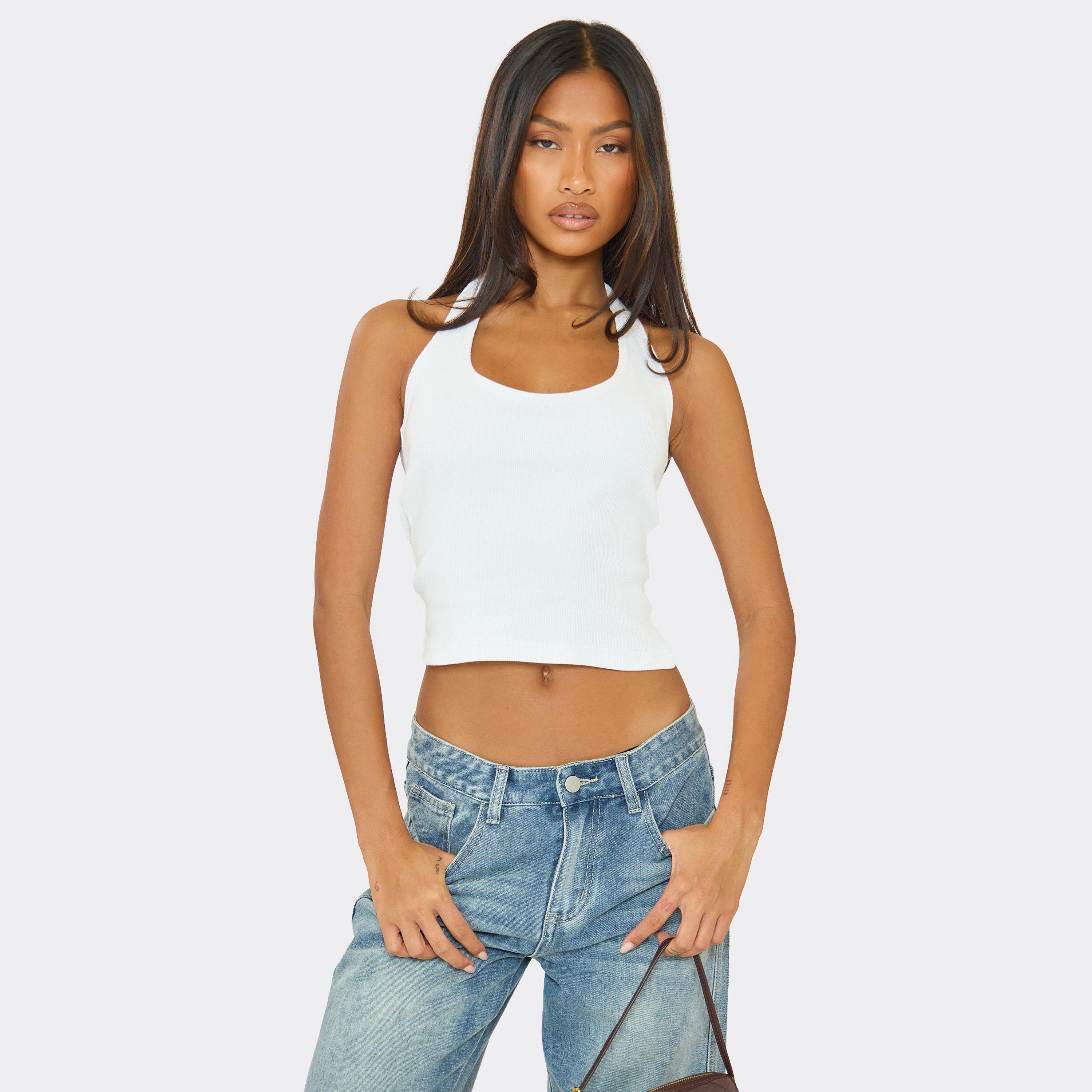 Scoop Halter Neck Basic Top In White, Women's Size UK 10