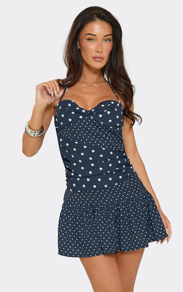 Halterneck Frill Hem Mini Dress In Navy Polka Dot